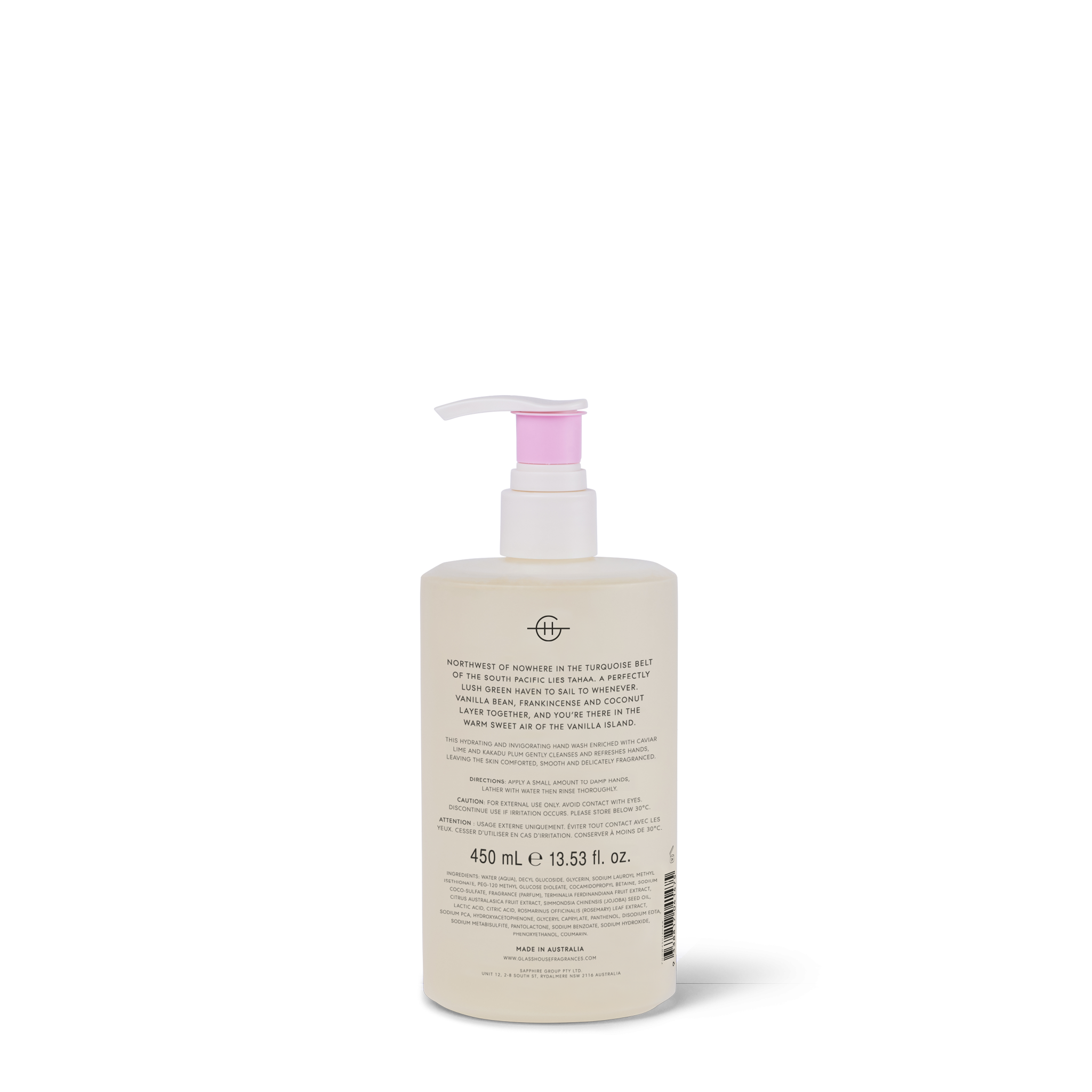 Glasshouse Fragrances A Tahaa Affair Hand Wash back of pack.
