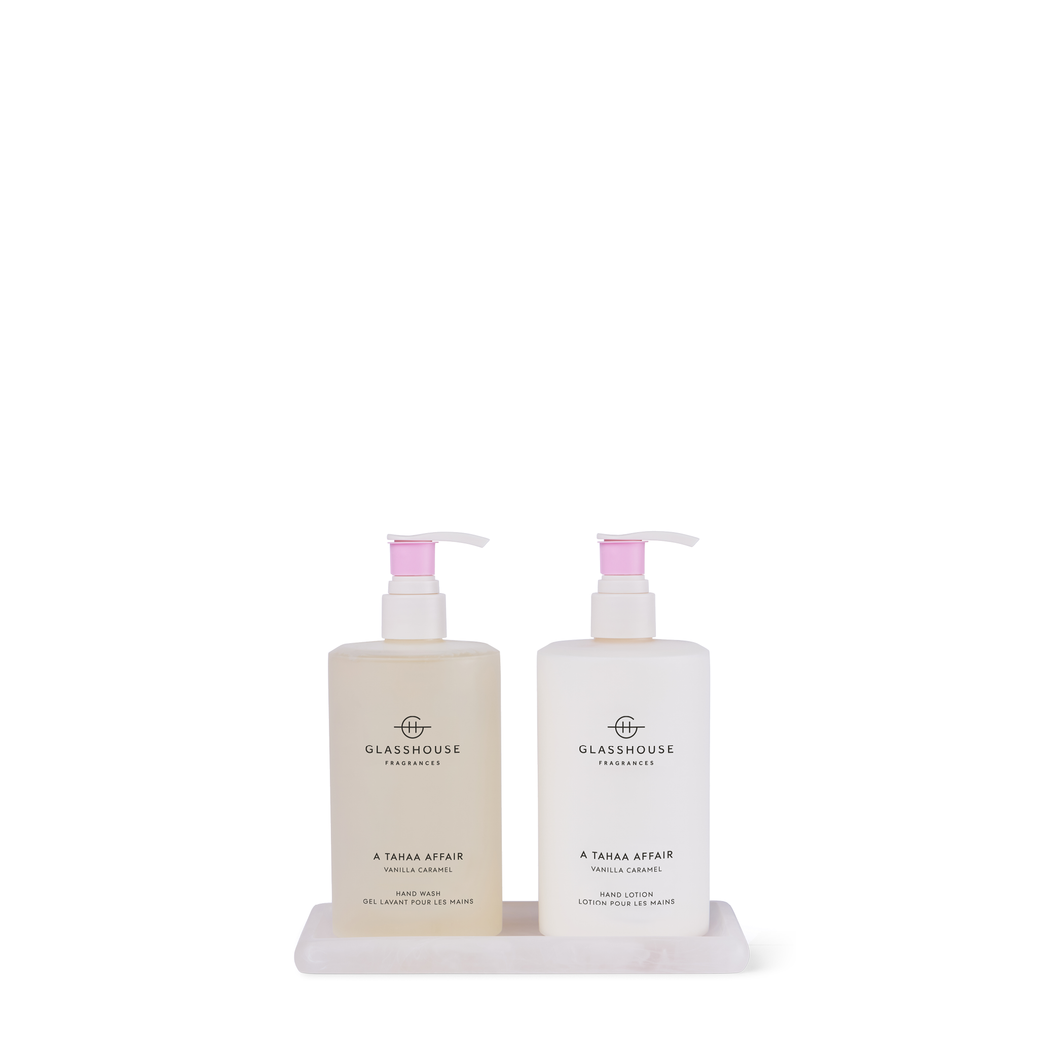 Glasshouse Fragrances A Tahaa Affair Hand Wash & Hand Lotion sitting on a Resin Tray