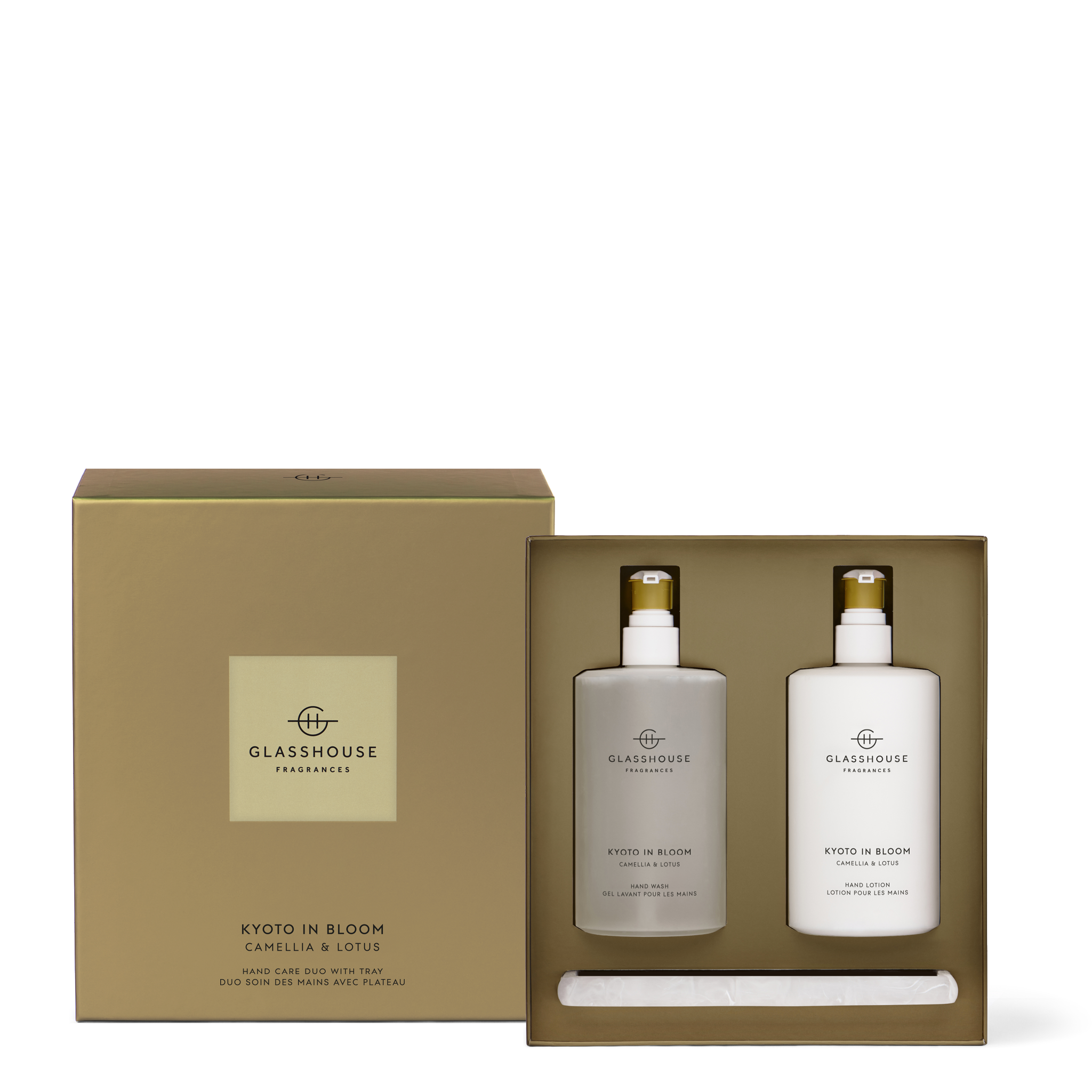 Glasshouse Fragrances Kyoto In Bloom Hand Wash & Hand Lotion inside box with Resin Tray.