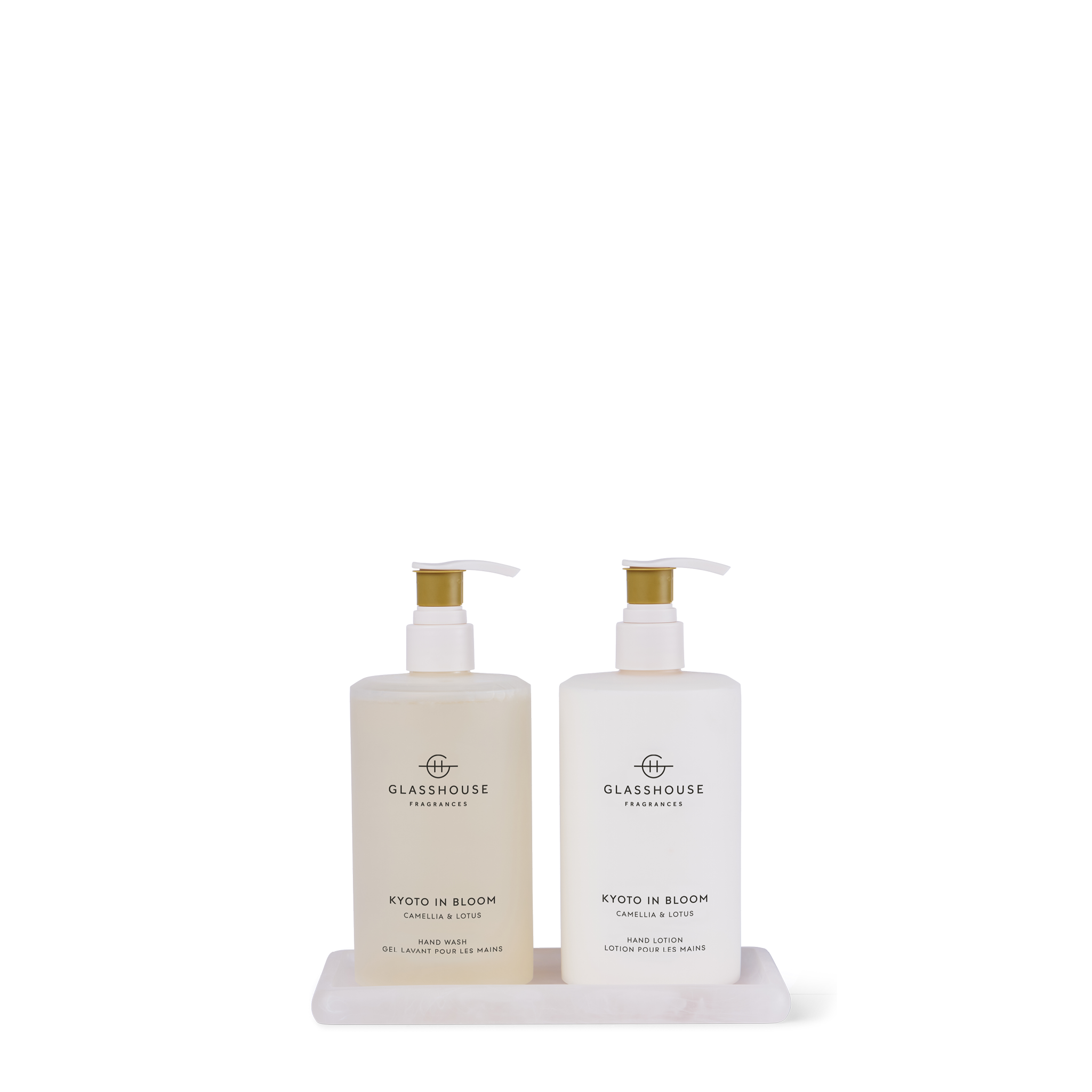 Glasshouse Fragrances Kyoto In Bloom Hand Wash & Hand Lotion sitting on a Resin Tray.