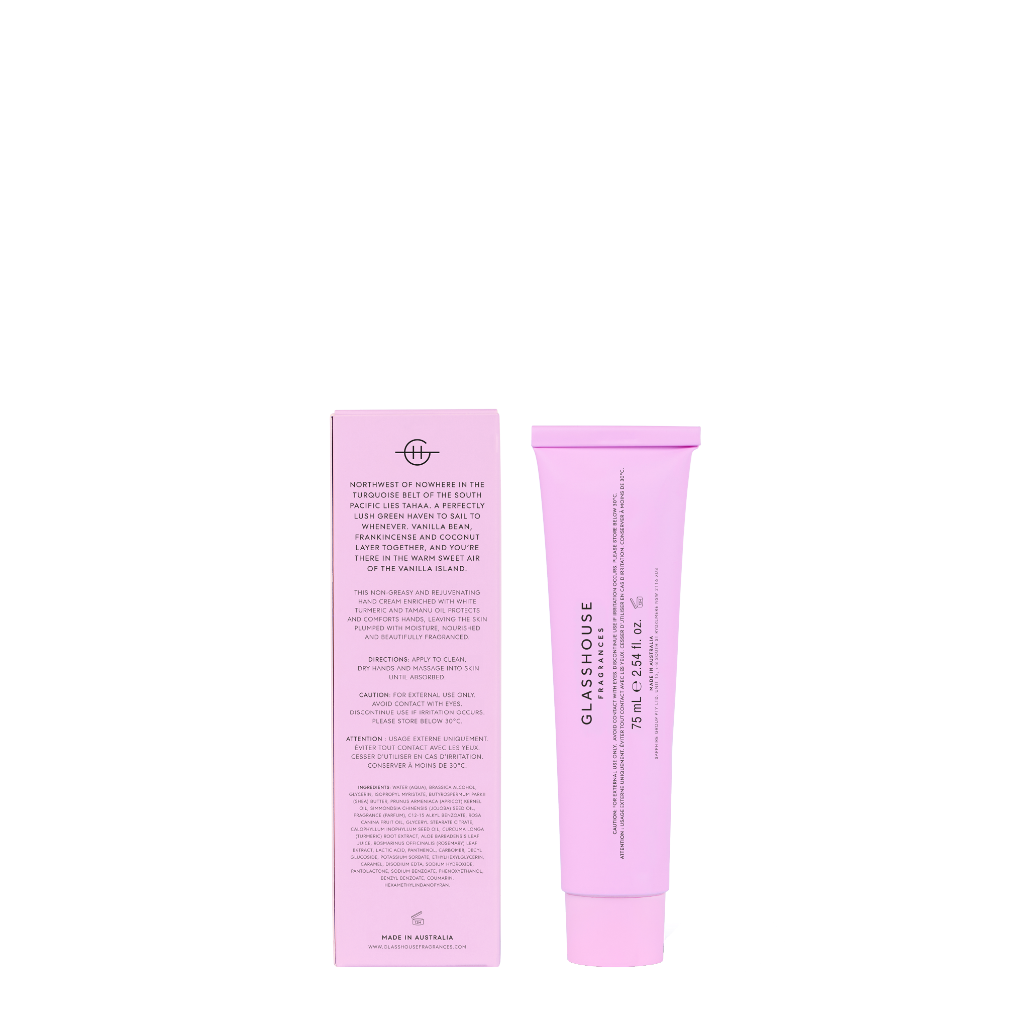 Glasshouse Fragrances A Tahaa Affair Hand Cream back of pack.