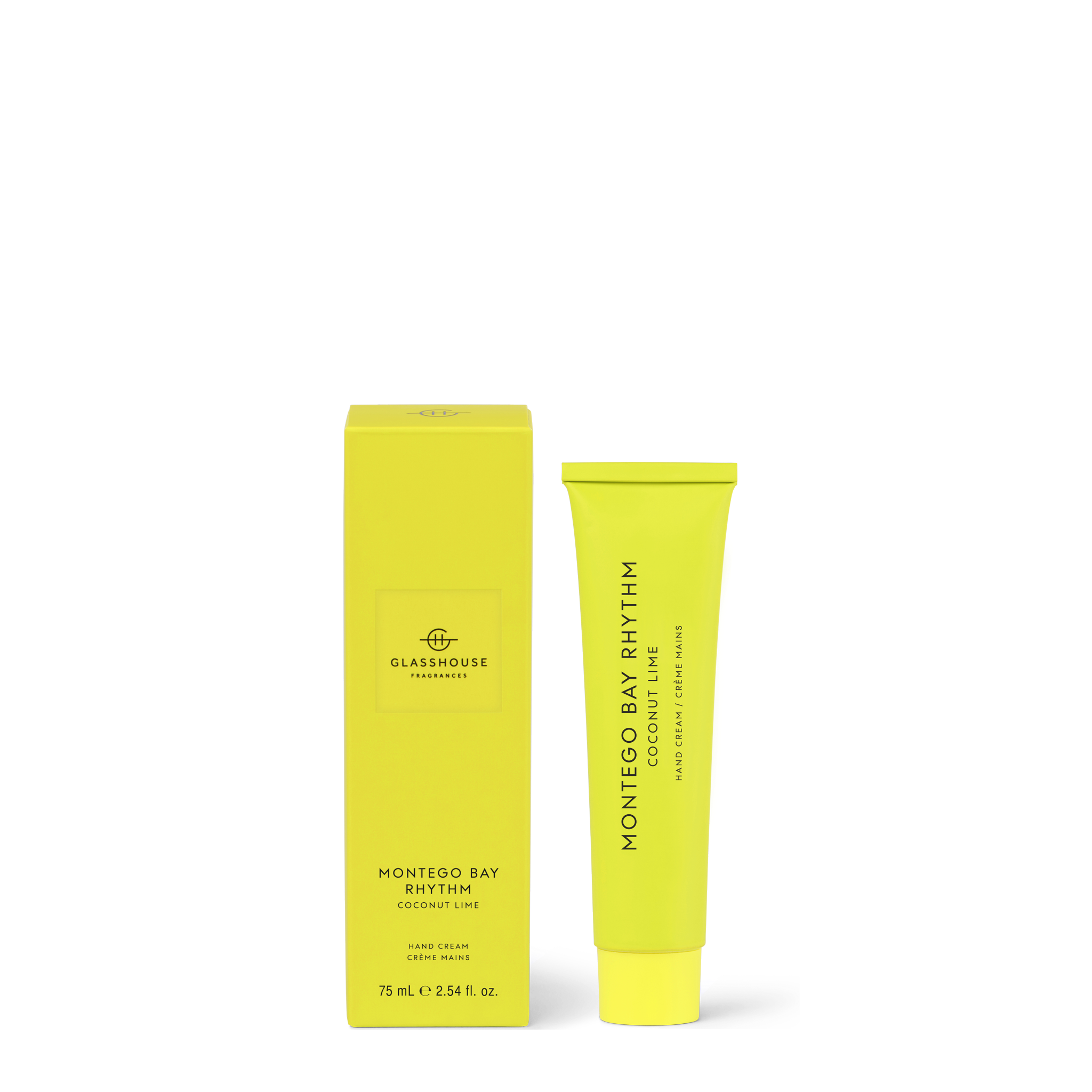 Glasshouse Fragrances Montego Bay Rhythm Hand Cream next to box.