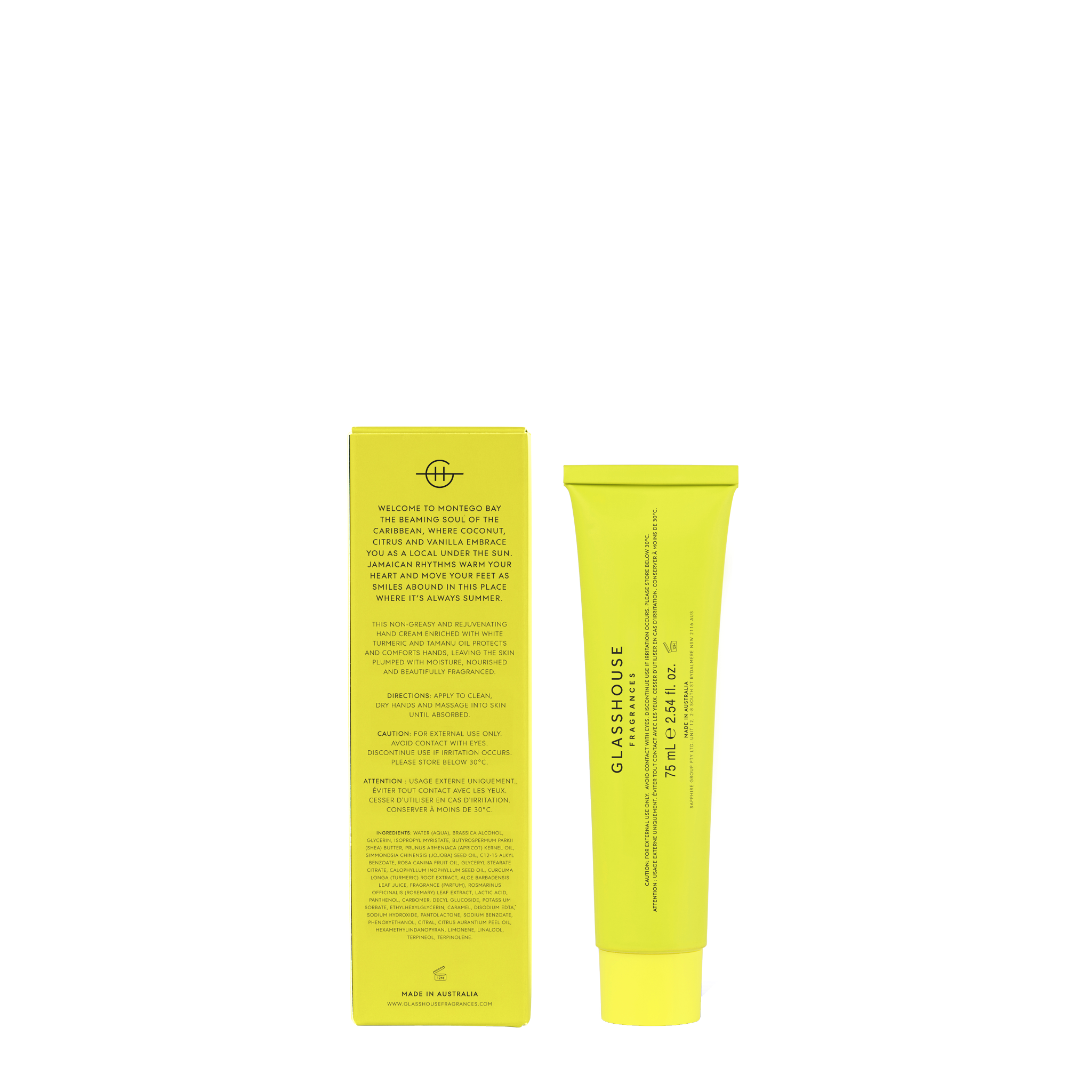 Glasshouse Fragrances Montego Bay Rhythm Hand Cream back of pack.