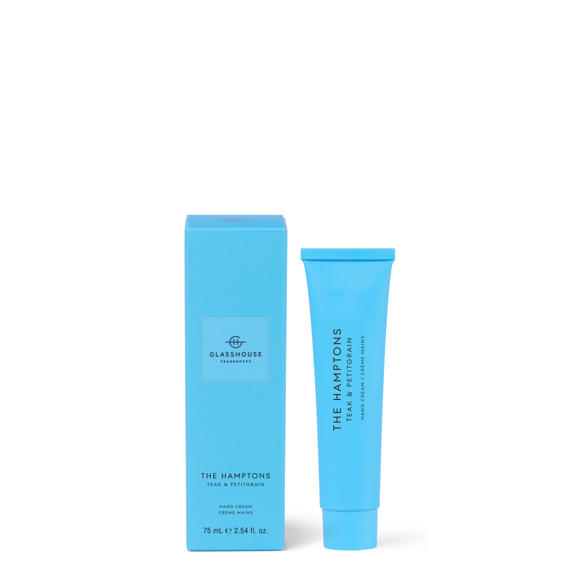 Glasshouse Fragrances The Hamptons Hand Cream next to box.