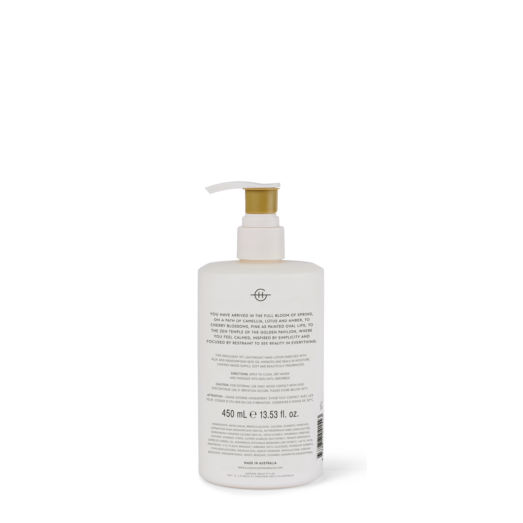 Glasshouse Fragrances Kyoto In Bloom Hand Lotion back of product.