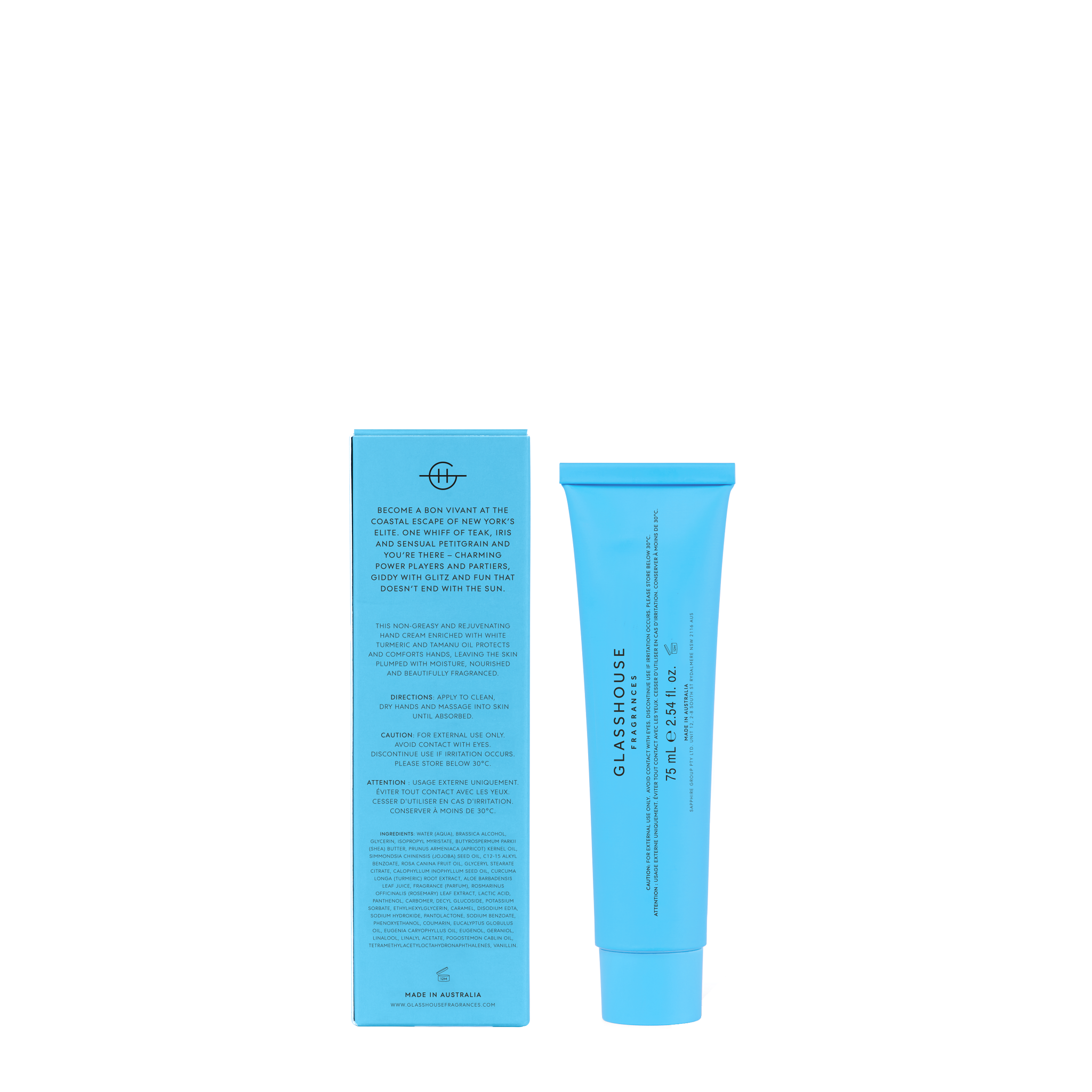 Glasshouse Fragrances The Hamptons Hand Cream back of pack.