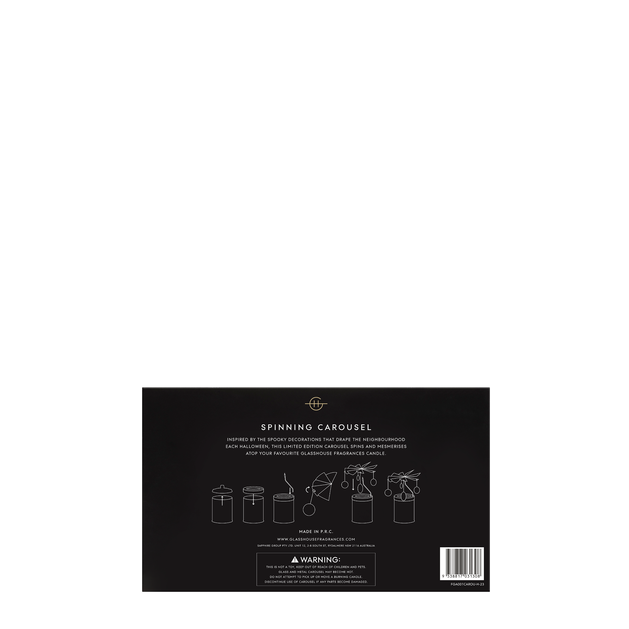 Glasshouse Fragrances Spinning Carousel Ornament back of pack