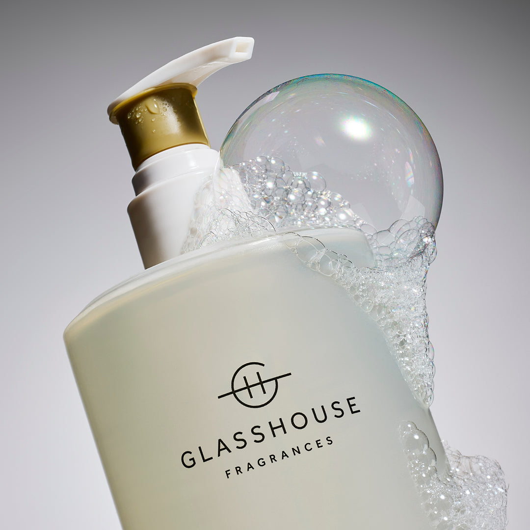 Glasshouse Fragrances Kyoto In Bloom close up of Hand Wash with bubble.
