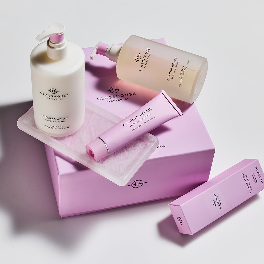 Glasshouse Fragrances A Tahaa Affair Hand Care stacked on top of Tray & Box.