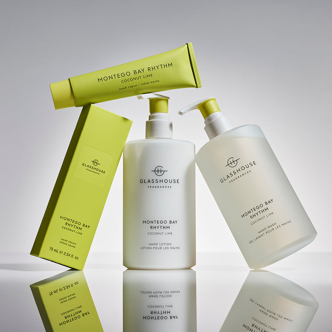 Glasshouse Fragrances Montego Bay Rhythm Hand Care collection stacked.