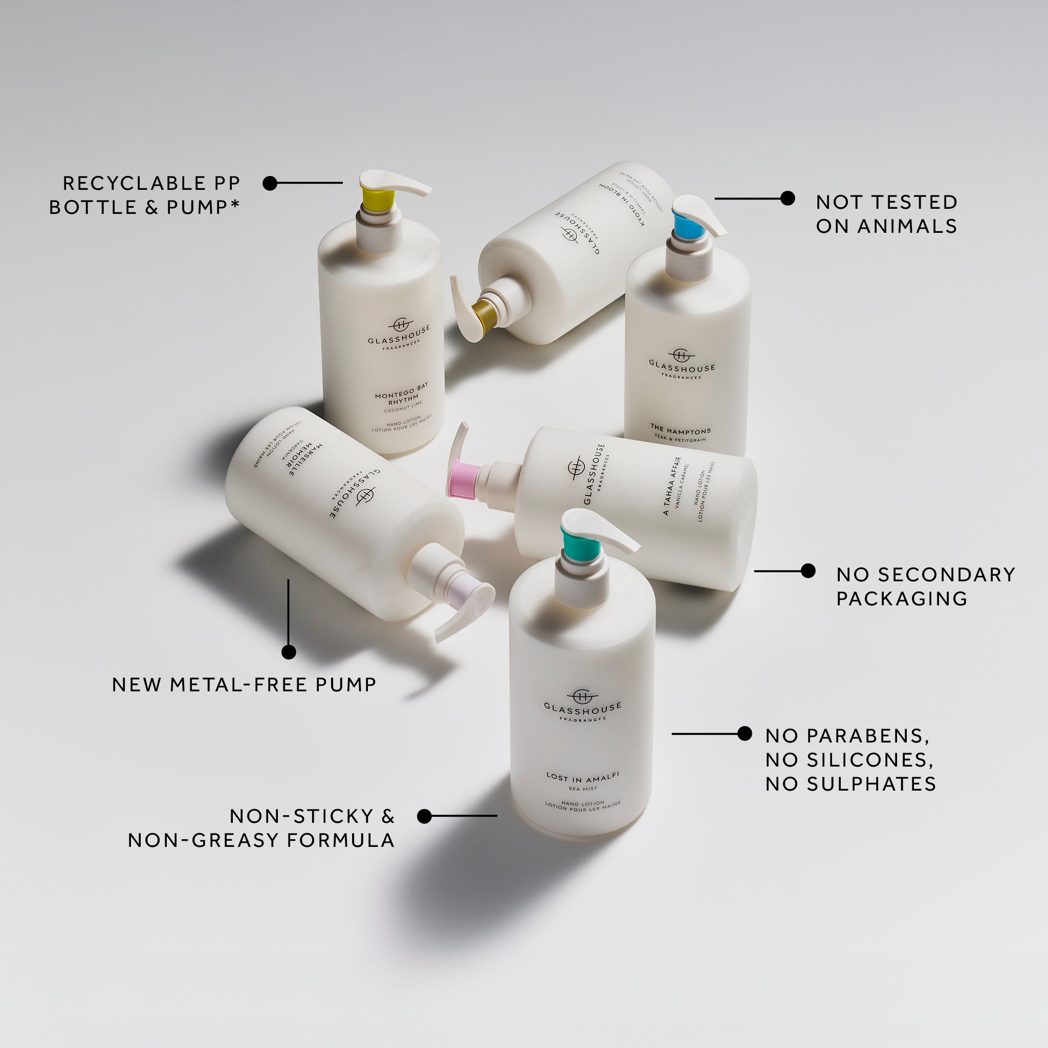 Glasshouse Fragrances assorted Hand Lotions arranged on a surface with feature and benefit call outs.