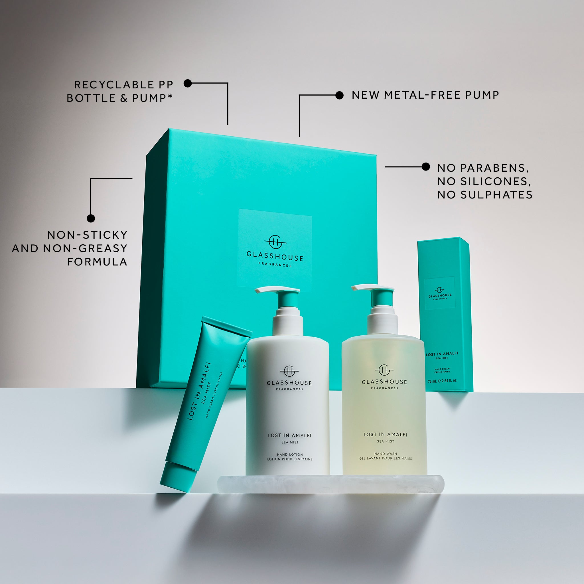 Glasshouse Fragrances Lost In Amalfi Fragrance with features and benefit call outs.