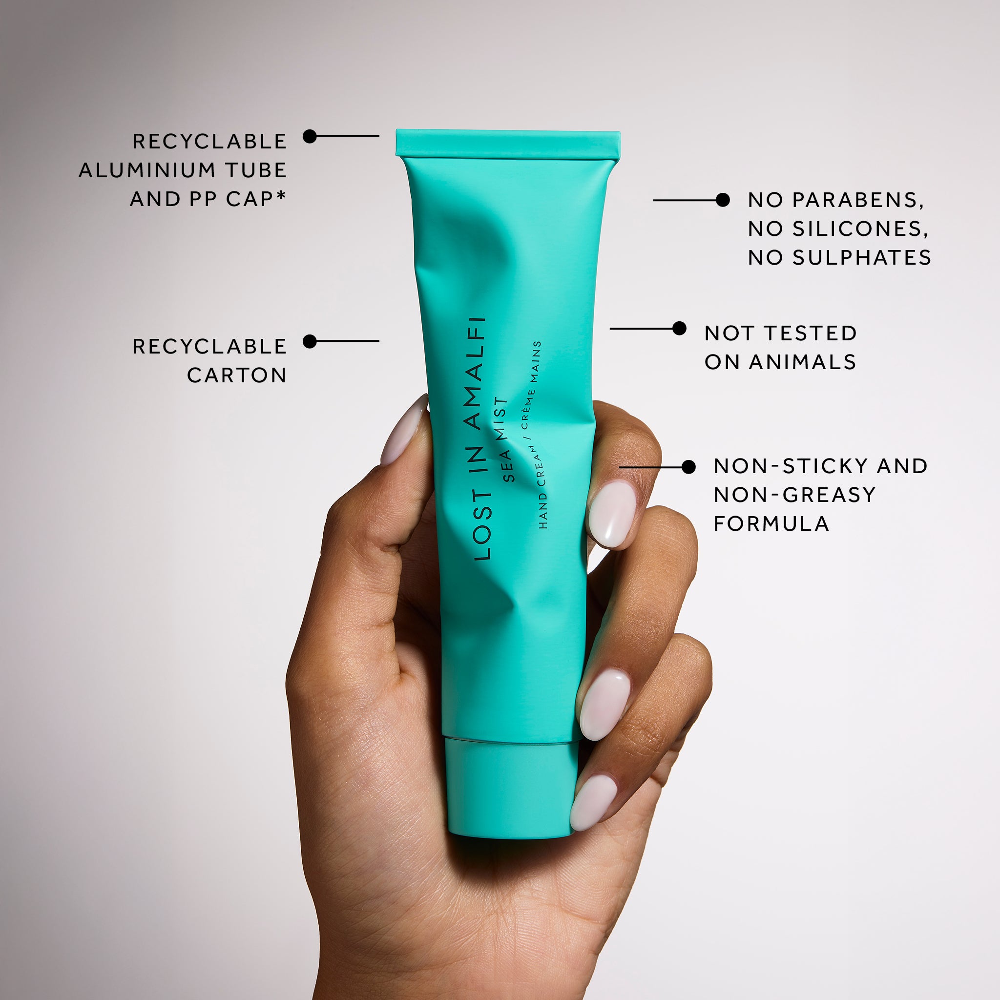 Glasshouse Fragrances Lost In Amalfi Hand Cream Fragrance with features and benefit call outs.