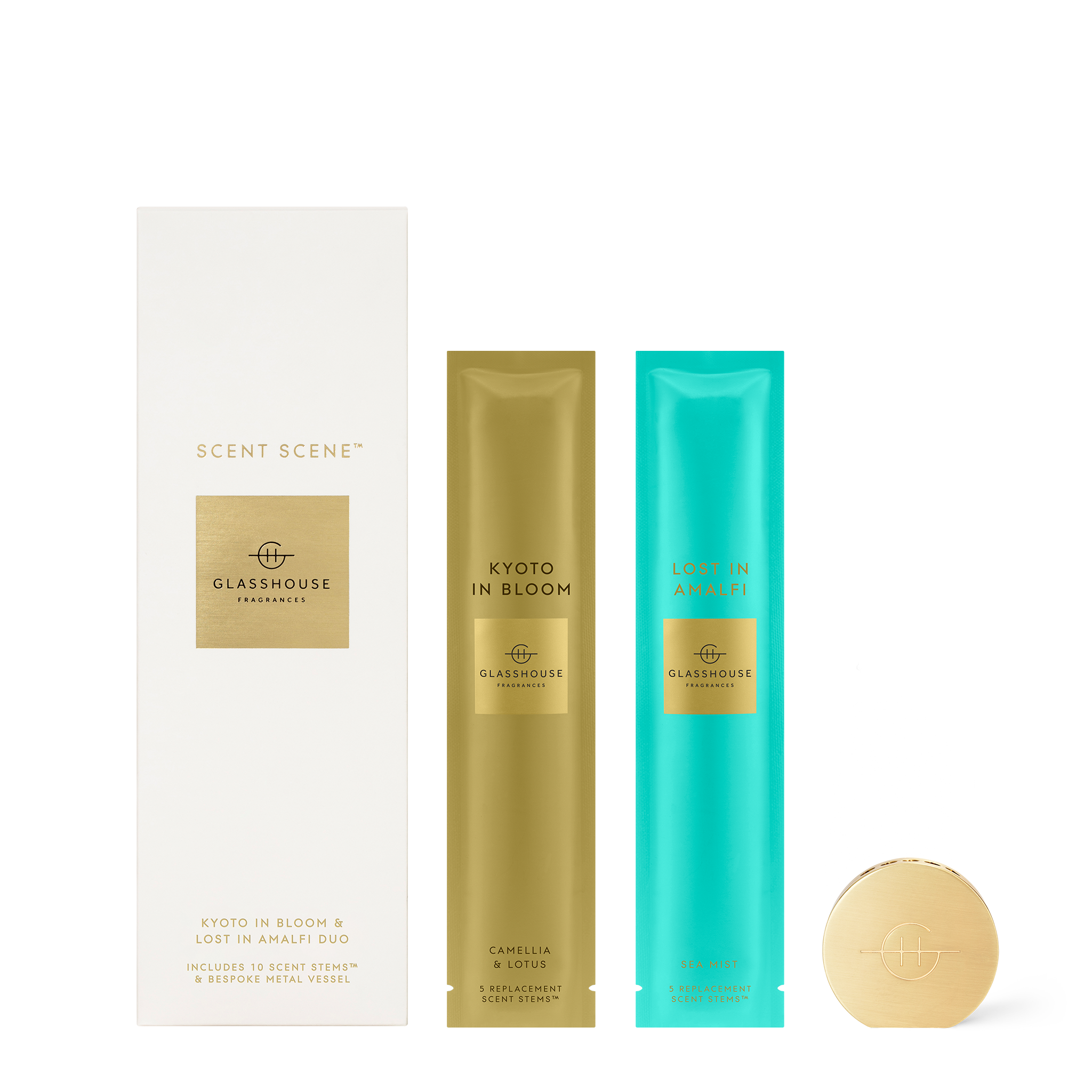 Glasshouse Fragrances Kyoto in Bloom and Lost in Amalfi Scent Scene™ Liquidless Diffuser stand with product packaging
