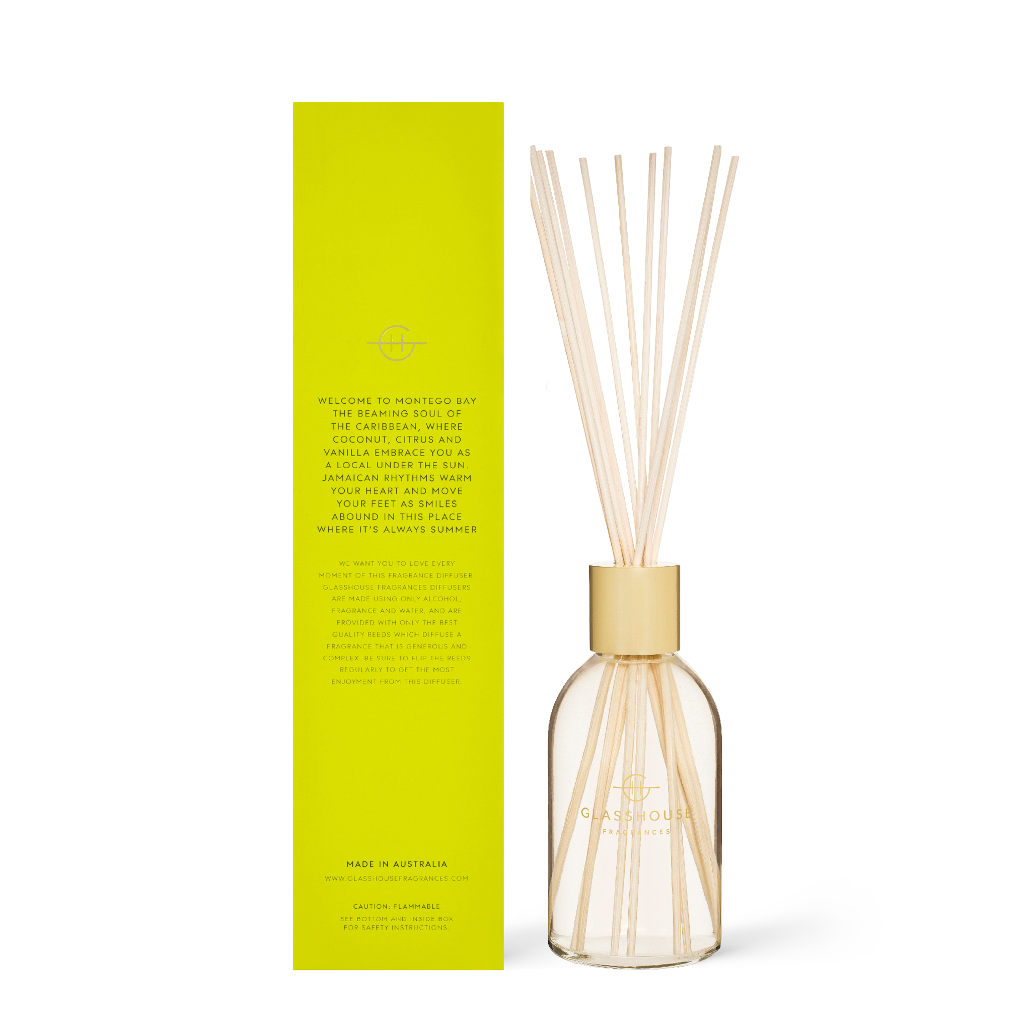 Glasshouse Fragrances Montego Bay Rhythm Coconut and Lime 250mL Fragrance Diffuser with box - back of product shot