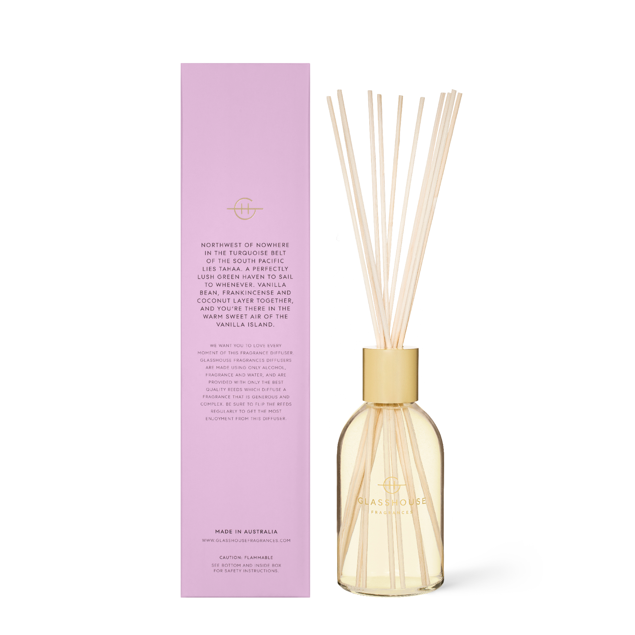 Glasshouse Fragrances A Tahaa Affair Vanilla Caramel 250ml Diffuser with box - Back of product shot