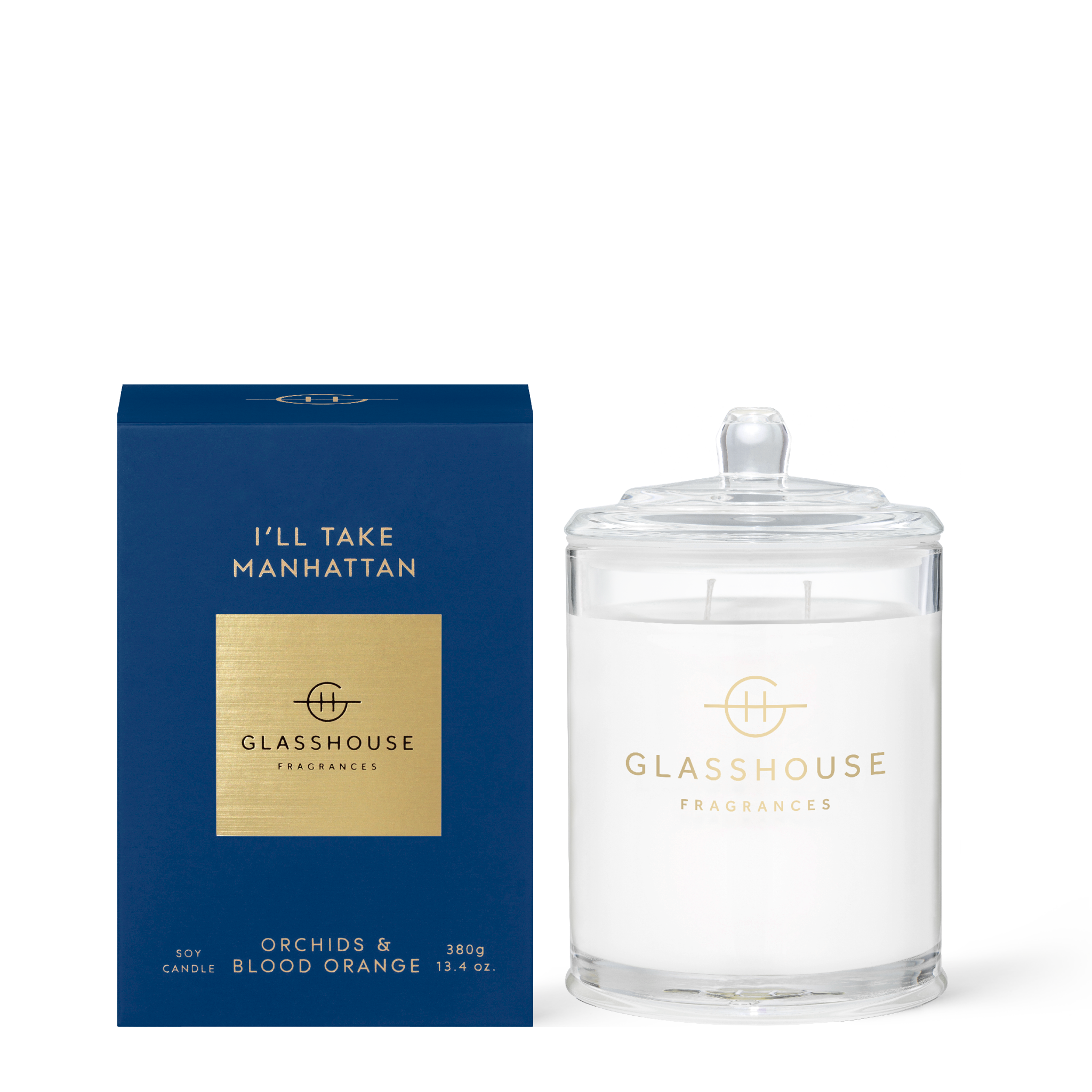 Glasshouse Fragrances I'll Take Manhattan Orchids and Blood Orange  380g Soy Candle with box
