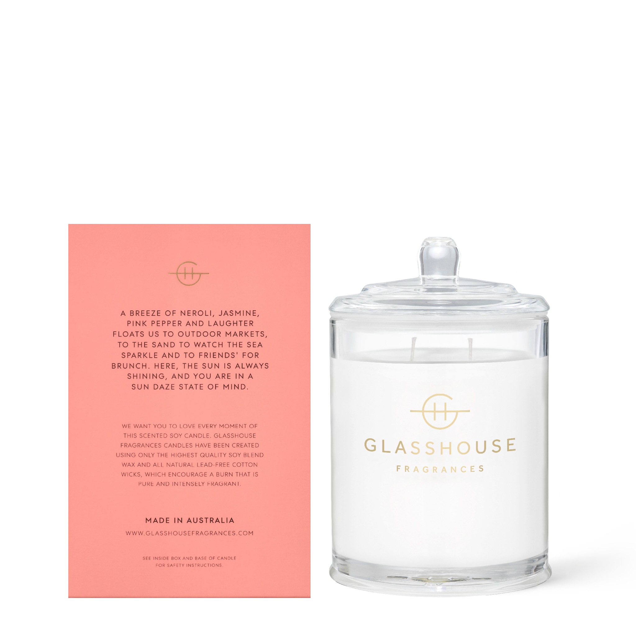 Glasshouse Fragrances Sydney Sundays Neroli and Pink Pepper 380g Soy Candle with box - back of product shot