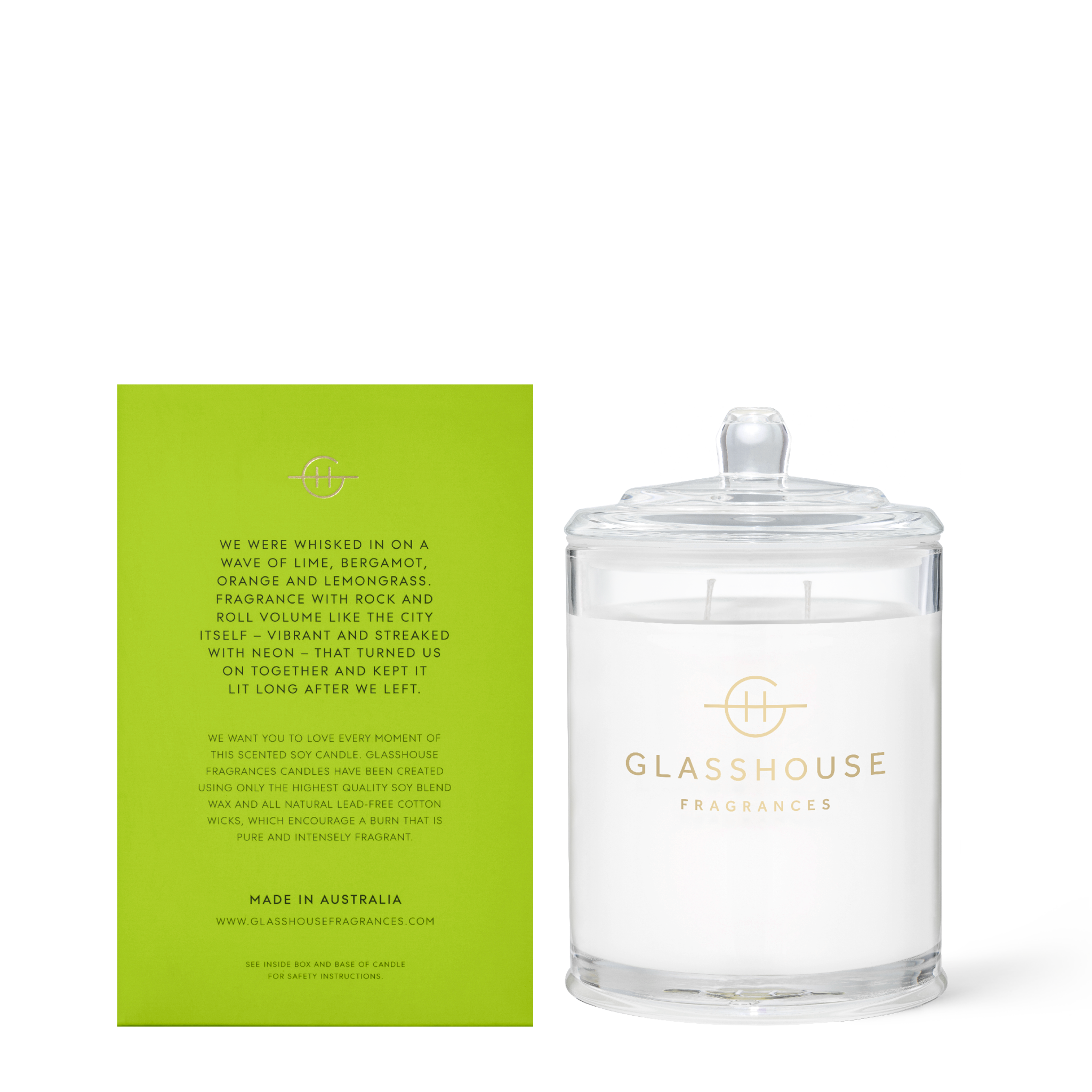 Glasshouse Fragrances We Met in Saigon Lemongrass 380g Soy Candle with box - back of product shot