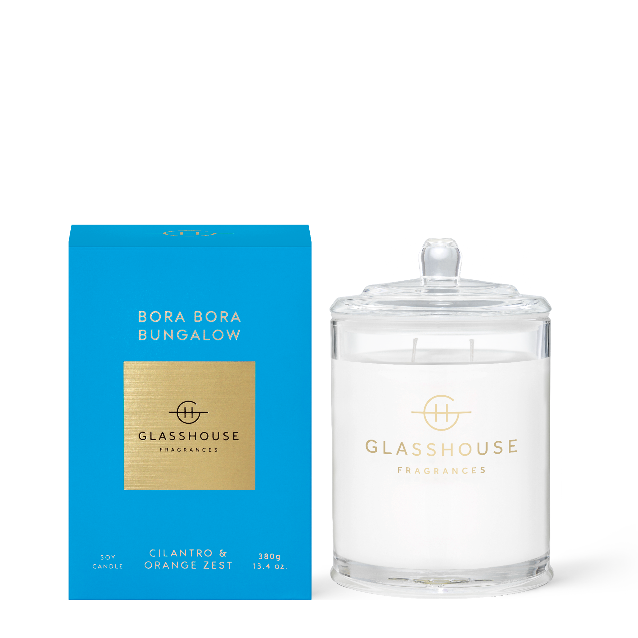 Glasshouse Fragrances Bora Bora Bungalow Cilantro and Orange Zest 380g Soy Candle with box