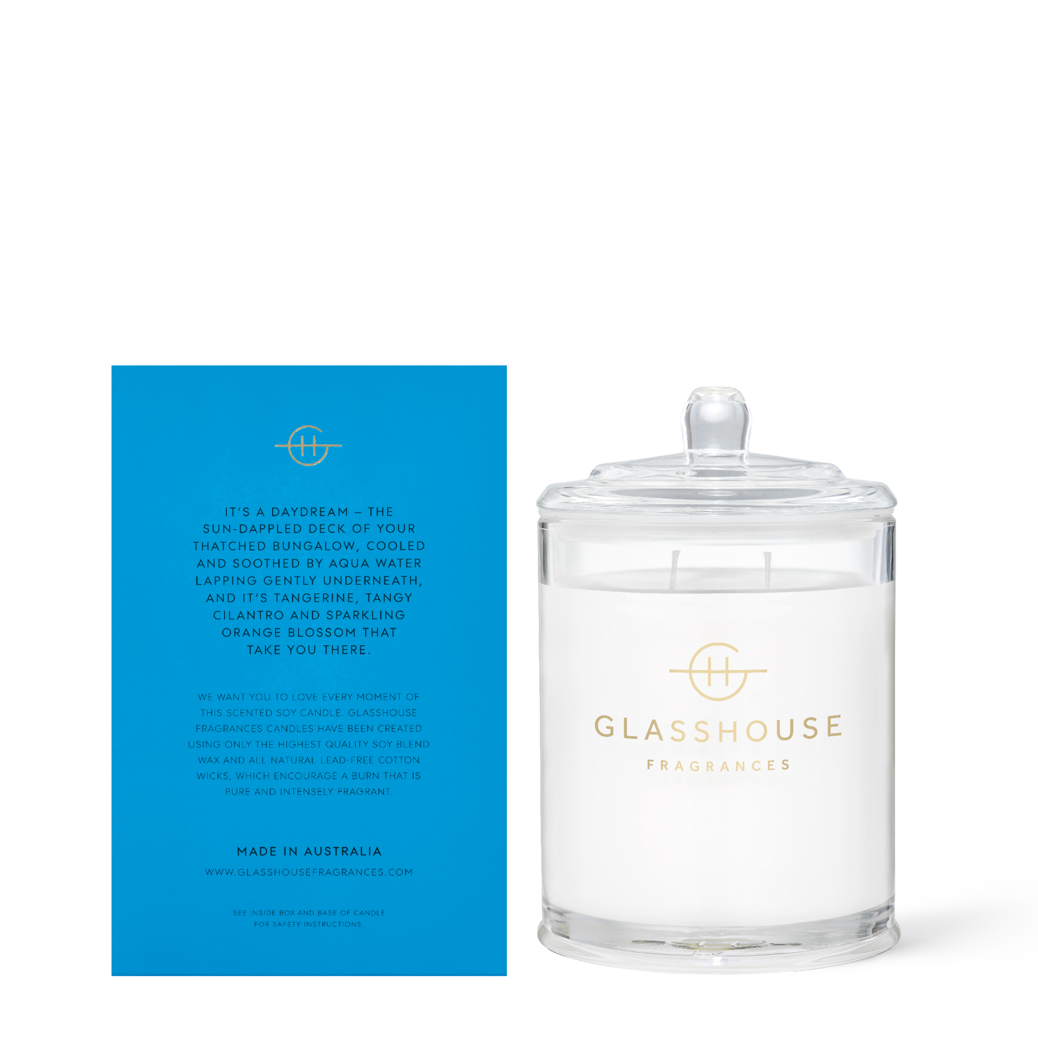 Glasshouse Fragrances Bora Bora Bungalow Cilantro and Orange Zest 380g Soy Candle with box - back of product shot