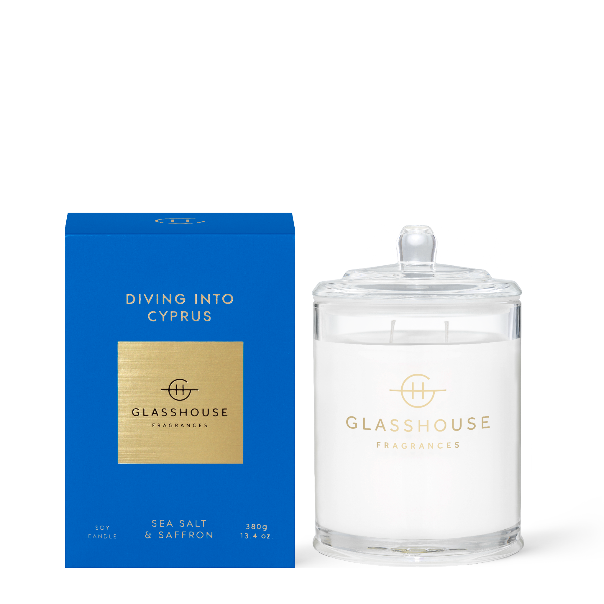 Glasshouse Fragrances Diving into Cyprus Sea Salt and Saffron 380g Soy Candle with box 
