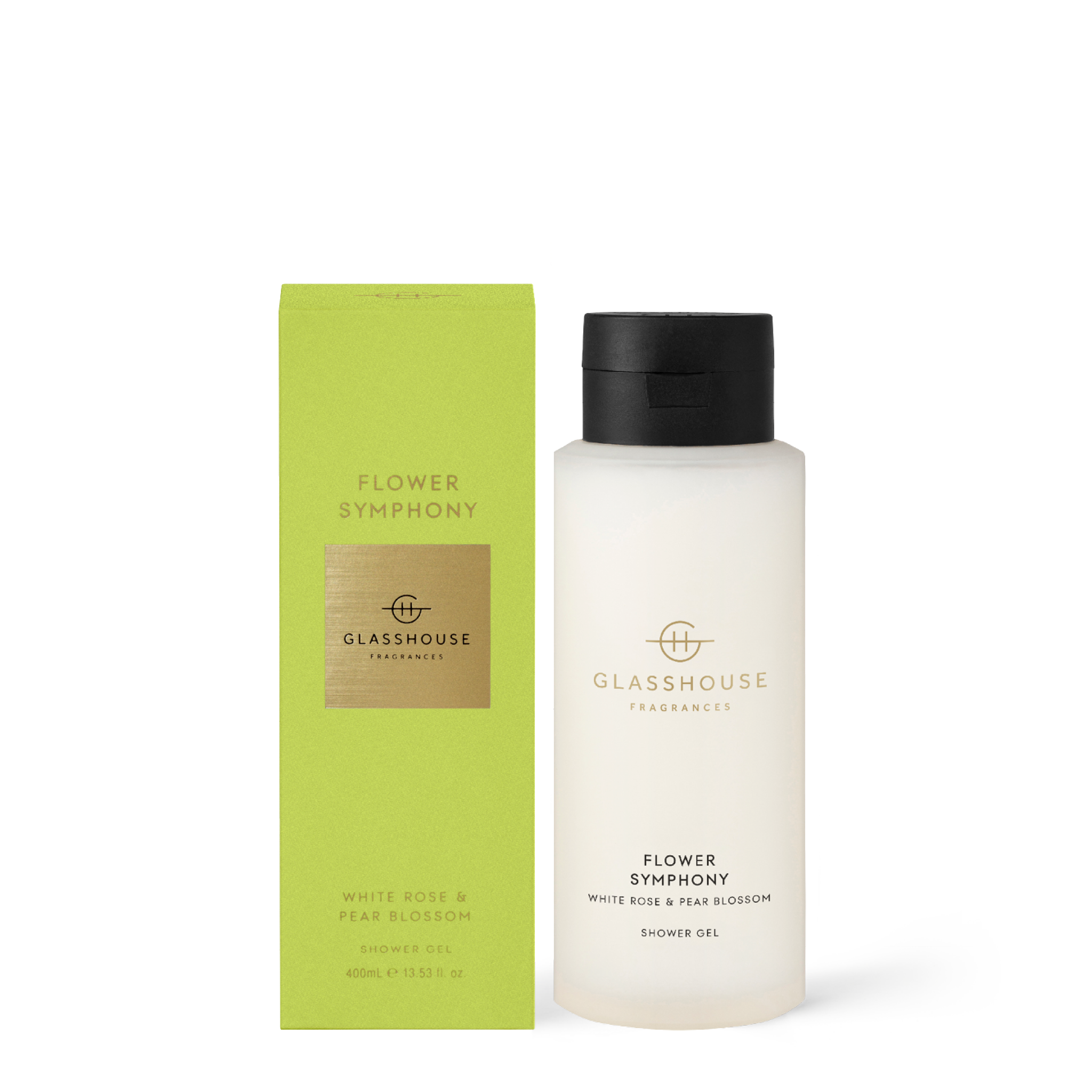 Glasshouse Fragrances Flower Symphony White Rose and Pear Blossom 400mL Shower Gel with box
