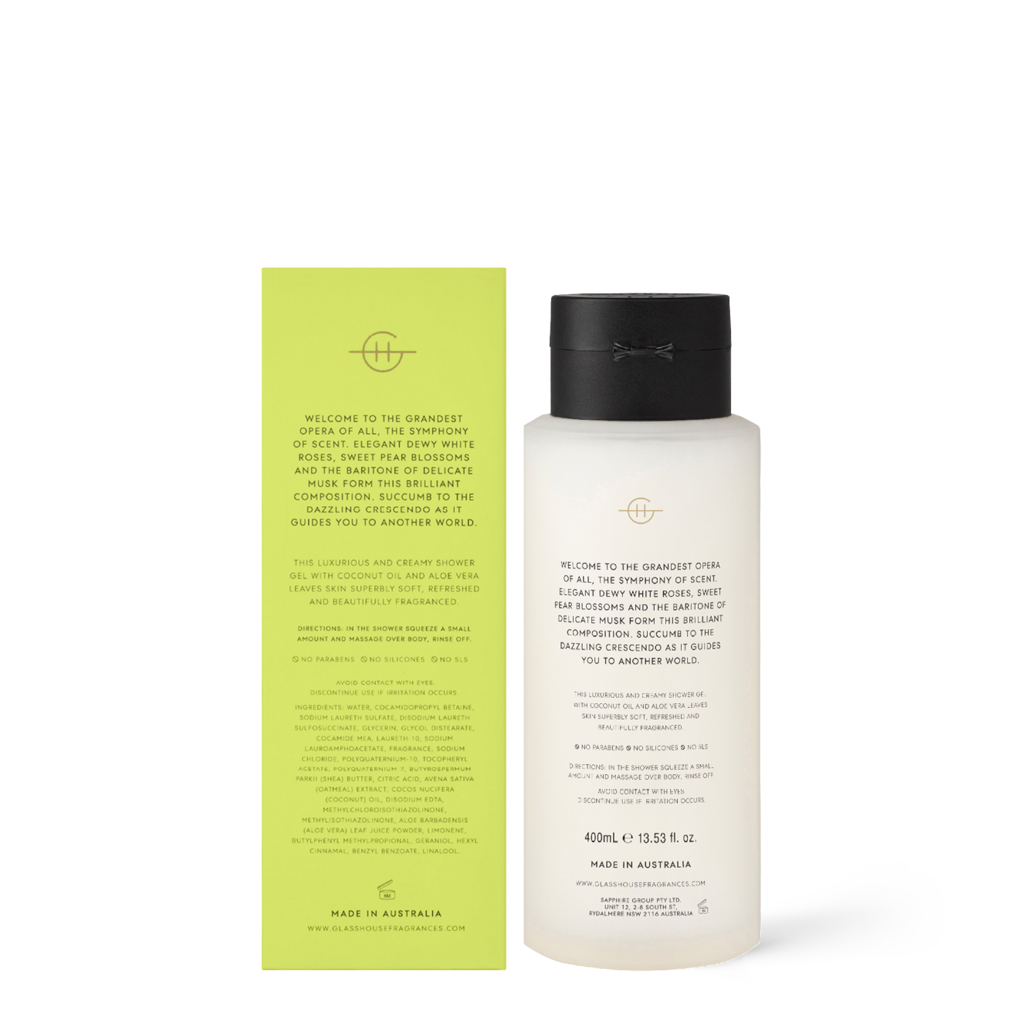 Glasshouse Fragrances Flower Symphony White Rose and Pear Blossom 400mL Shower Gel with box - back of product shot