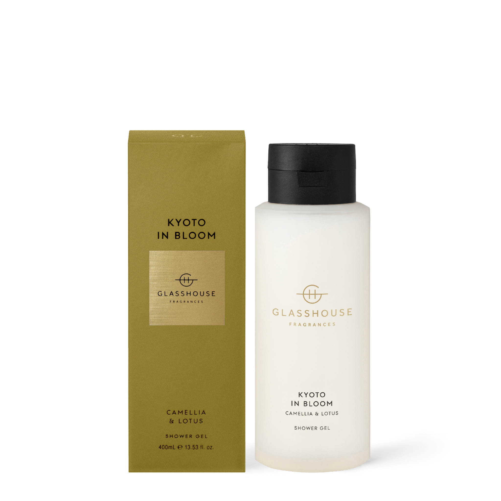 Glasshouse Fragrances Kyoto in Bloom Camellia and Lotus 400mL Shower Gel with box