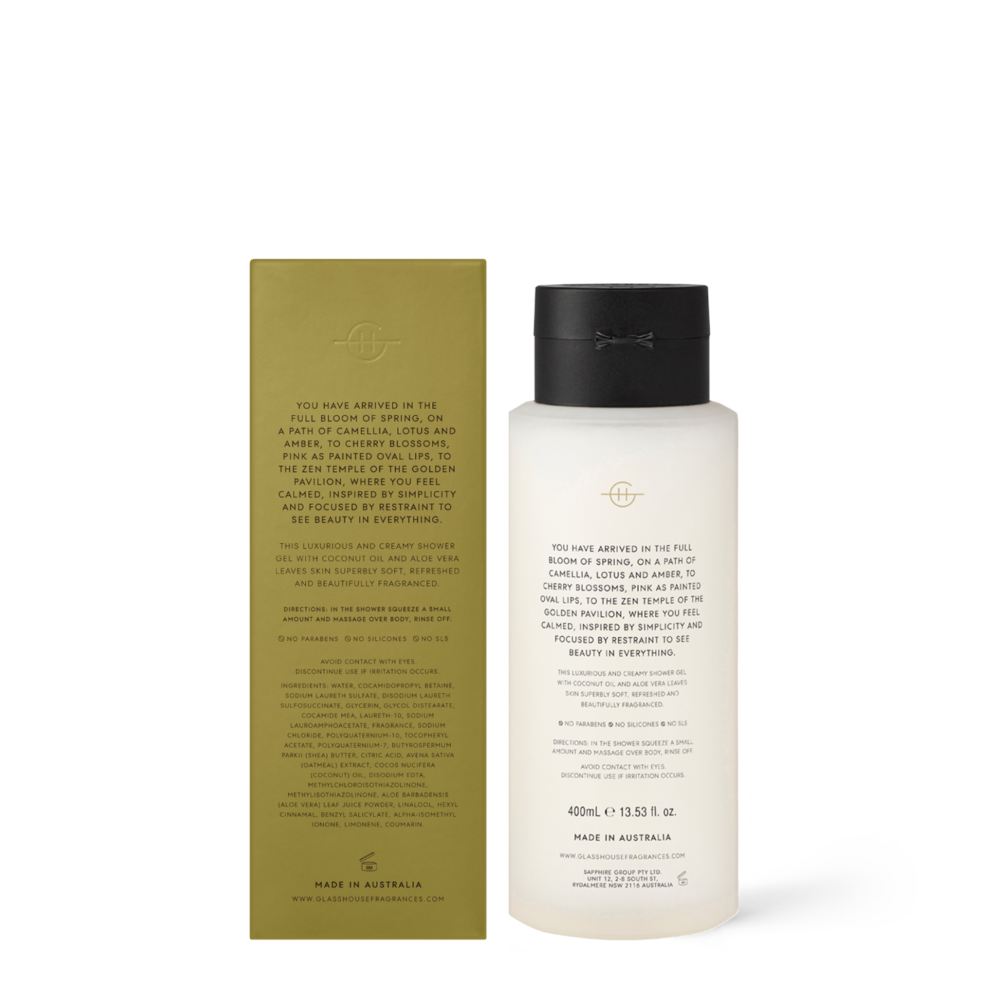 Glasshouse Fragrances Kyoto in Bloom Camellia and Lotus 400mL Shower Gel with box - back of product shot