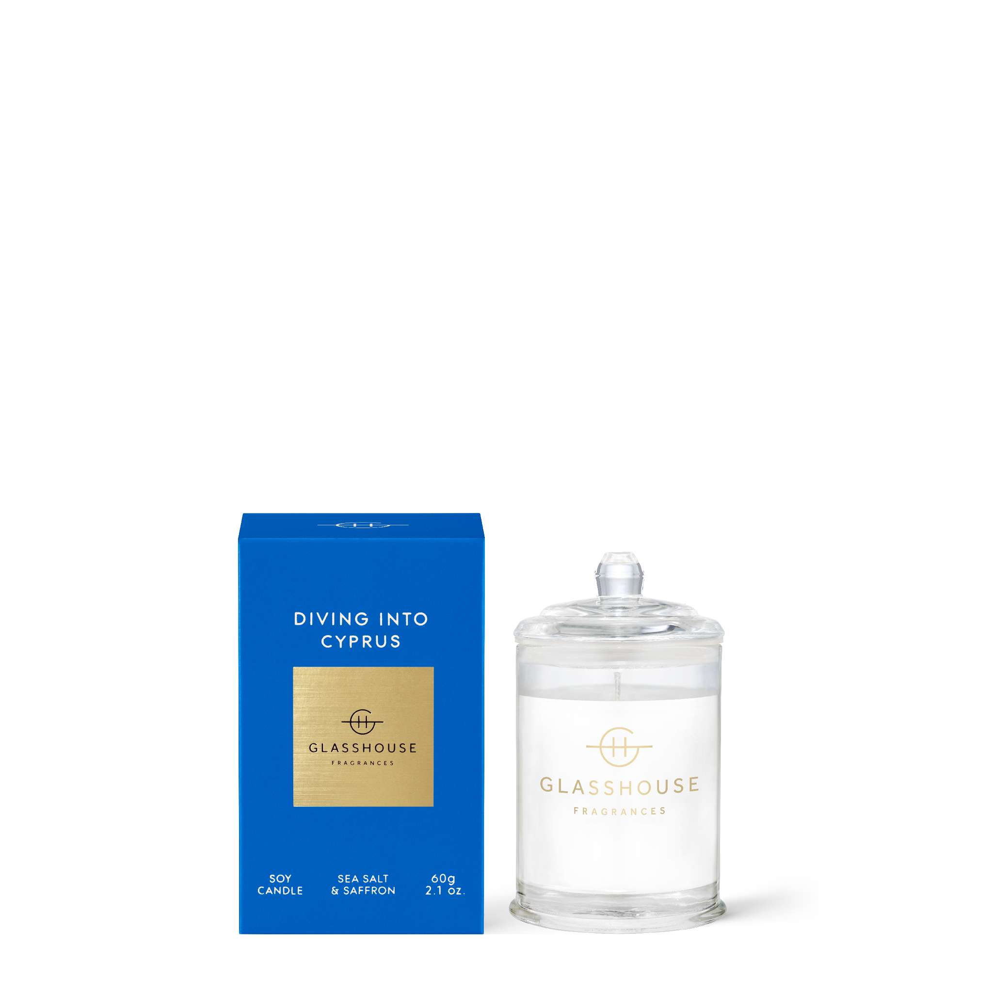 Glasshouse Fragrances Diving into Cyprus Sea Salt and Saffron 60g Soy Candle with box