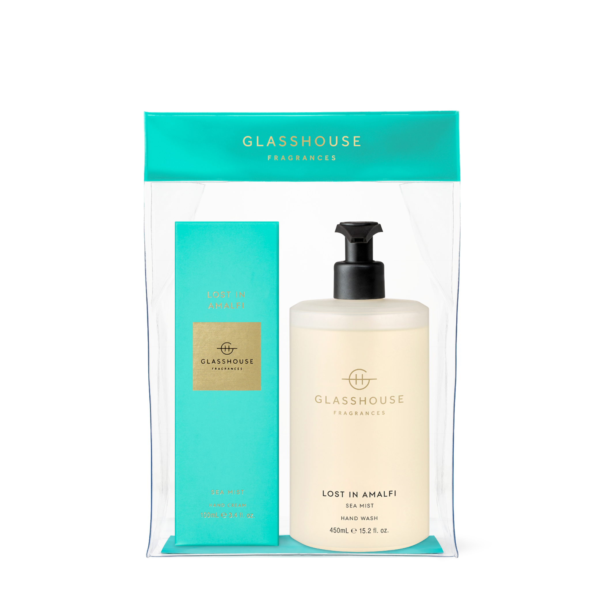 Glasshouse Fragrances Lost in Amalfi Sea Mist 100mL Hand Cream and 450mL Hand Wash in plastic case