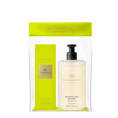 Glasshouse Fragrances Montego Bay Rhythm Coconut and Lime 100mL Hand Cream and 450mL Hand Wash flat-laid on tabletop