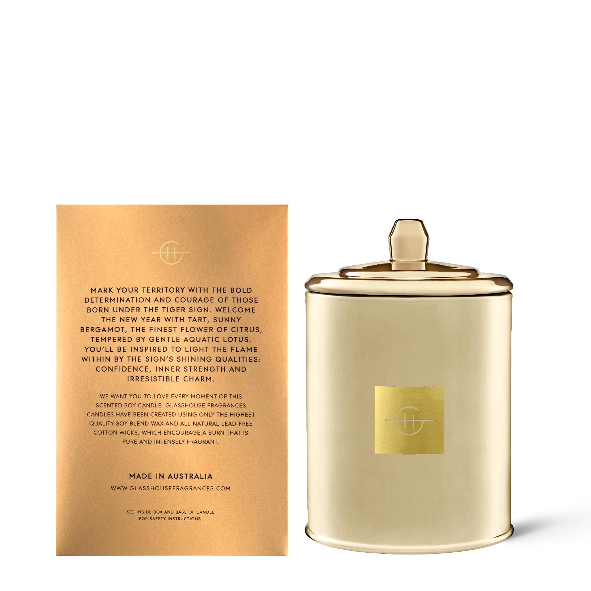 Glasshouse Fragrances Limited Edition Year of the Tiger Camellia and Lotus 380g Soy Candle with box- back of product shot