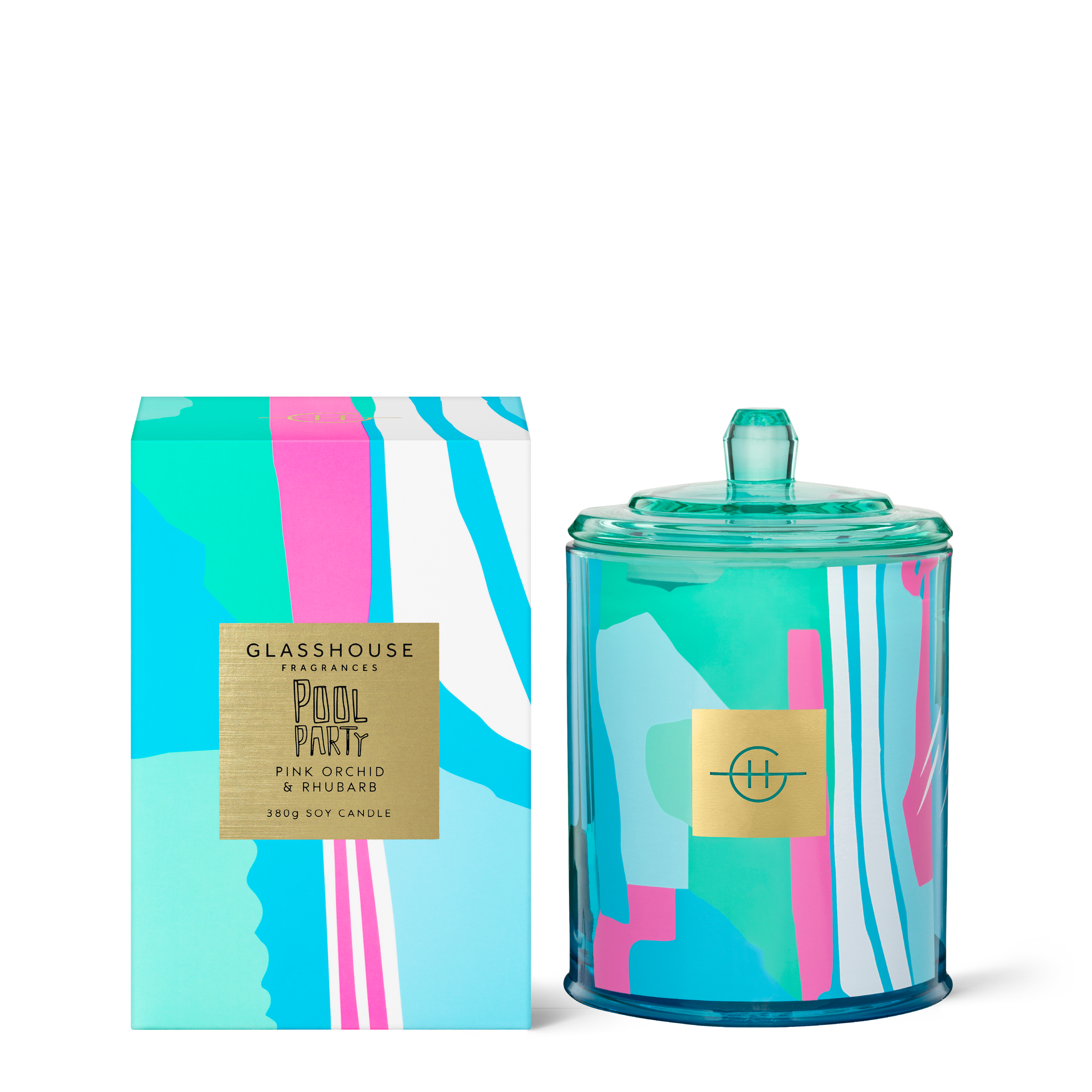 Glasshouse Fragrances Pool Party Pink Orchid and Rhubarb 380g Soy Candle with box