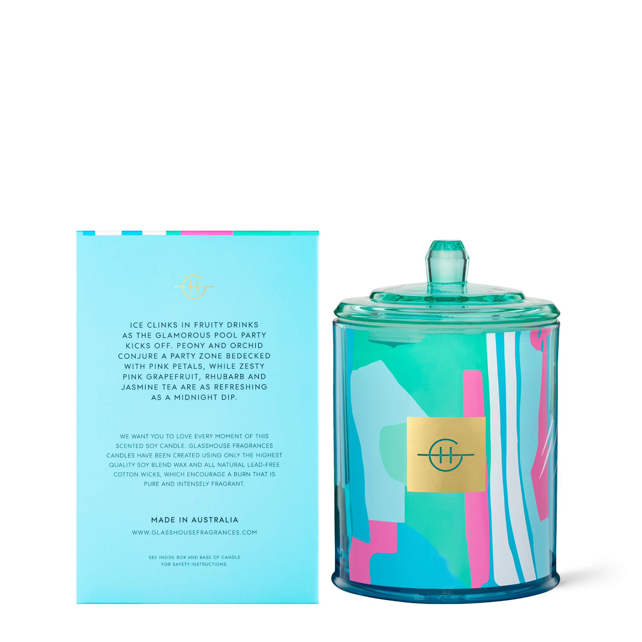 Glasshouse Fragrances Pool Party Pink Orchid and Rhubarb 380g Soy Candle with box - back of product shot