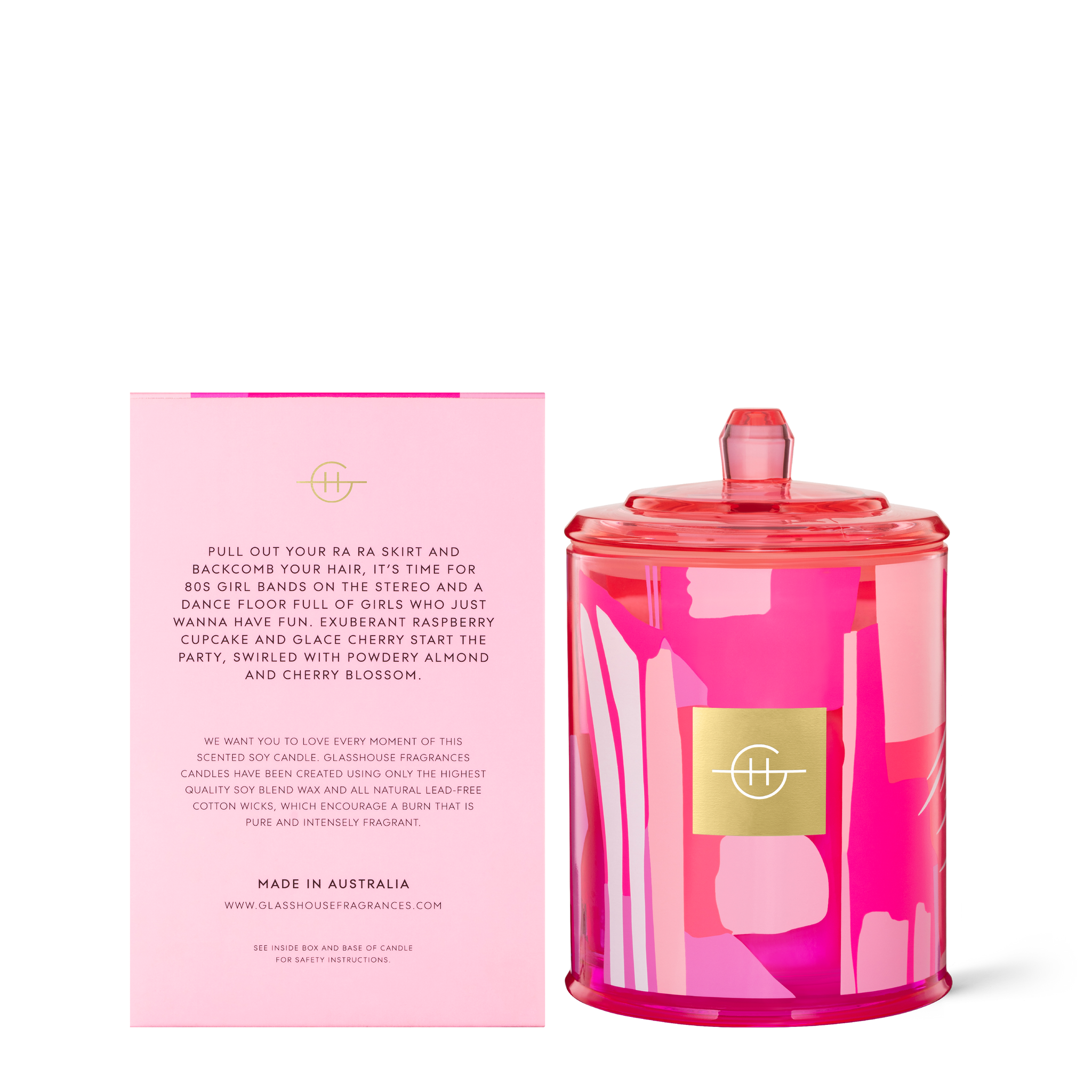 Glasshouse Fragrances Pretty in Pink Marzipan and Cherries 380g Soy Candle with box - back of product shot