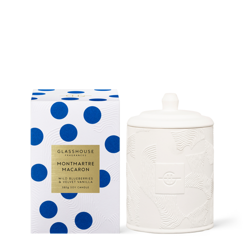 Glasshouse Fragrances Montmartre Macaron Blueberries and Vanilla 380g Soy Candle with box