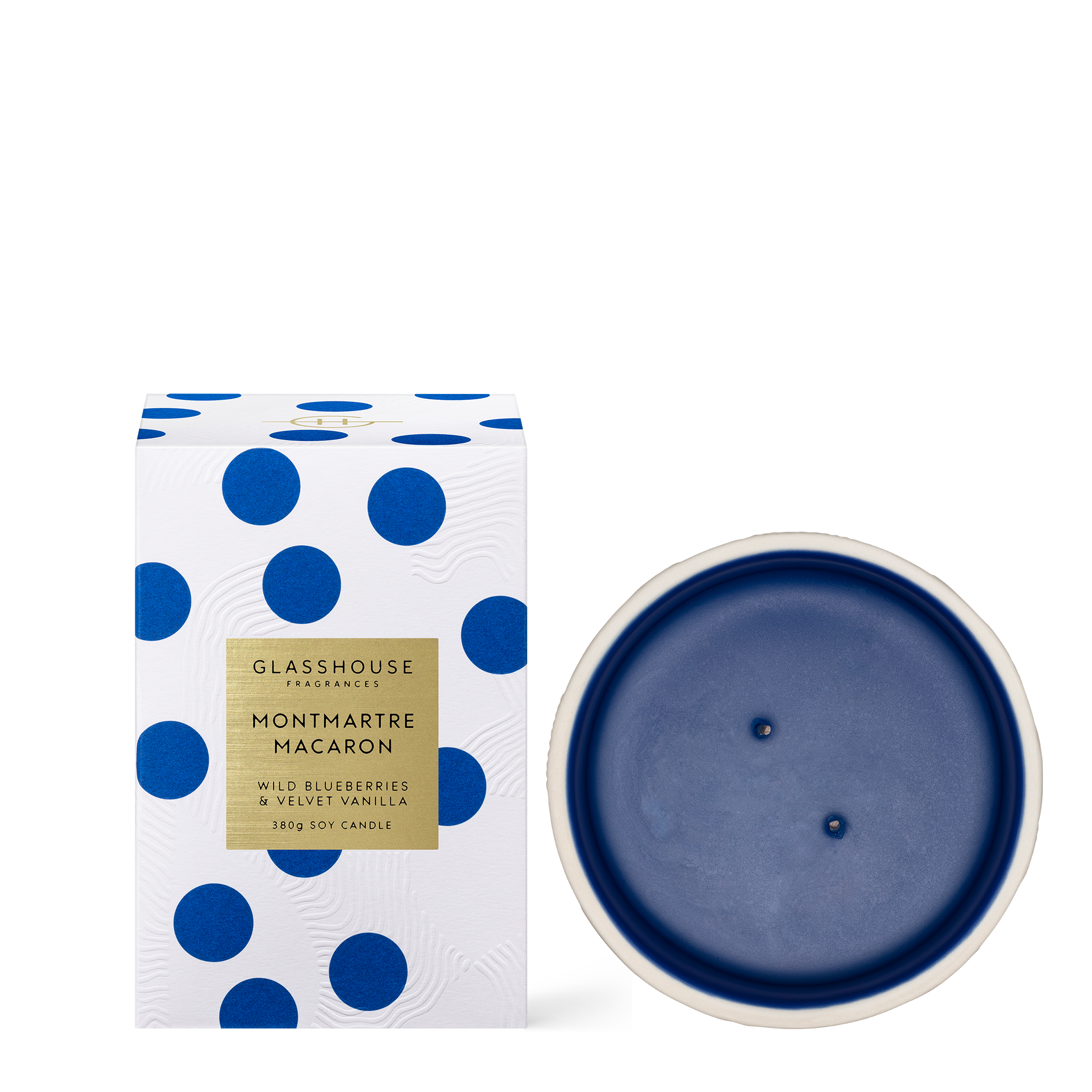 Glasshouse Fragrances Montmartre Macaron Blueberries and Vanilla 380g Soy Candle shot from above - showing blue wax - with box