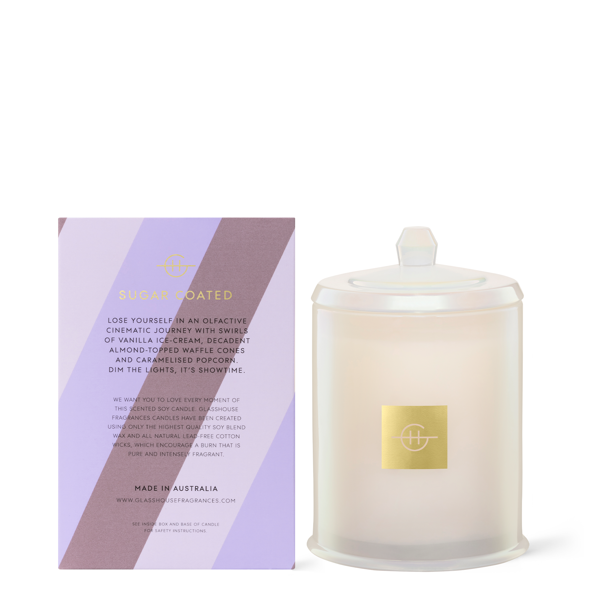 Glasshouse Fragrances Movie Night Popcorn and Choc Tops 380g Soy Candle with box - back of product shot
