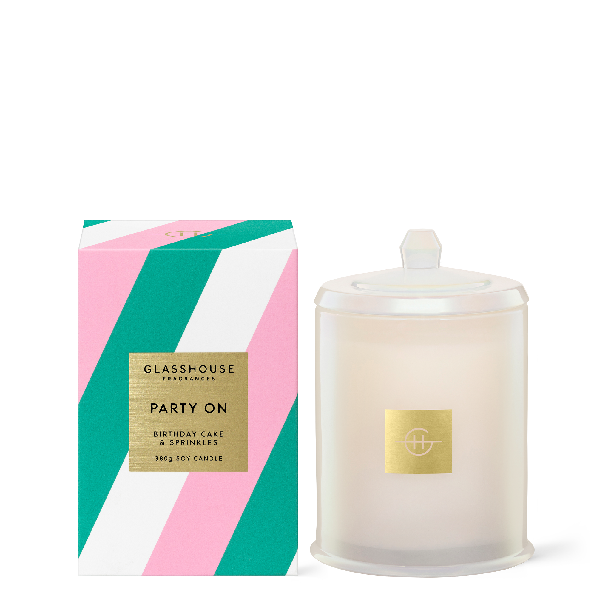 Glasshouse Fragrances Party On Birthday Cake and Sprinkles 380g Soy Candle with box
