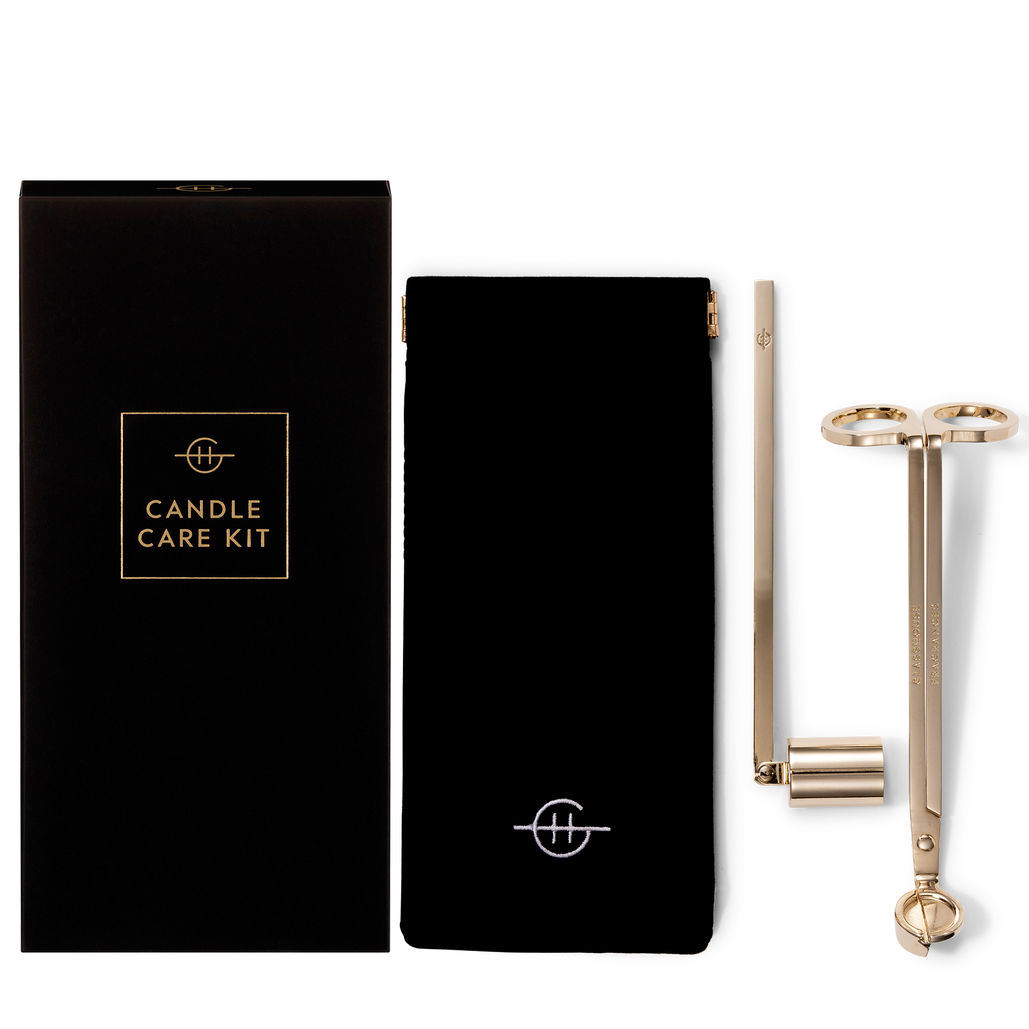 Glasshouse Fragrances Candle Care Kit - wick trimmer, candle snuffer, velvet case and gift box