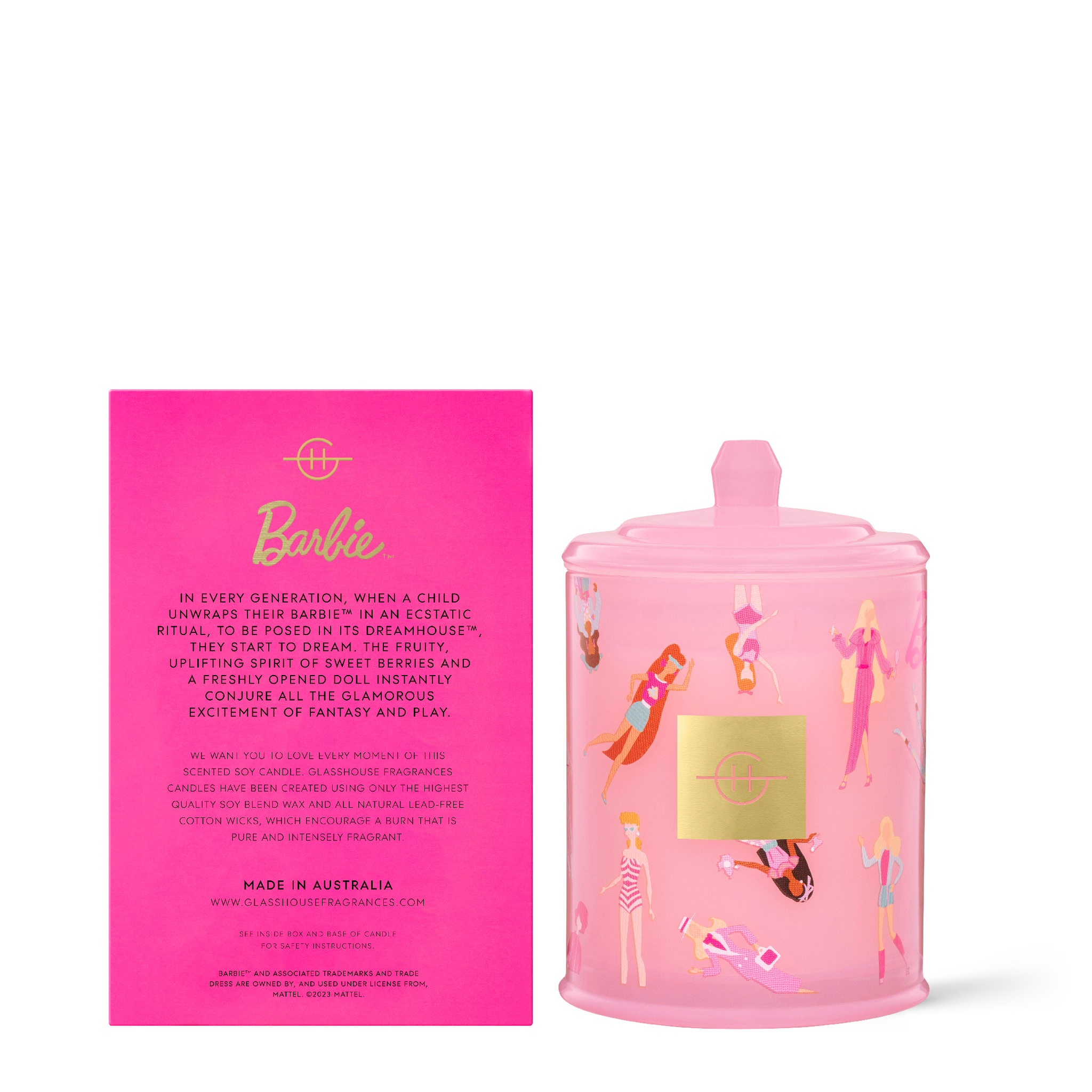 Back of product image Glasshouse Fragrances Barbie™ Dreamhouse™ 380g Triple Scented Soy Candle