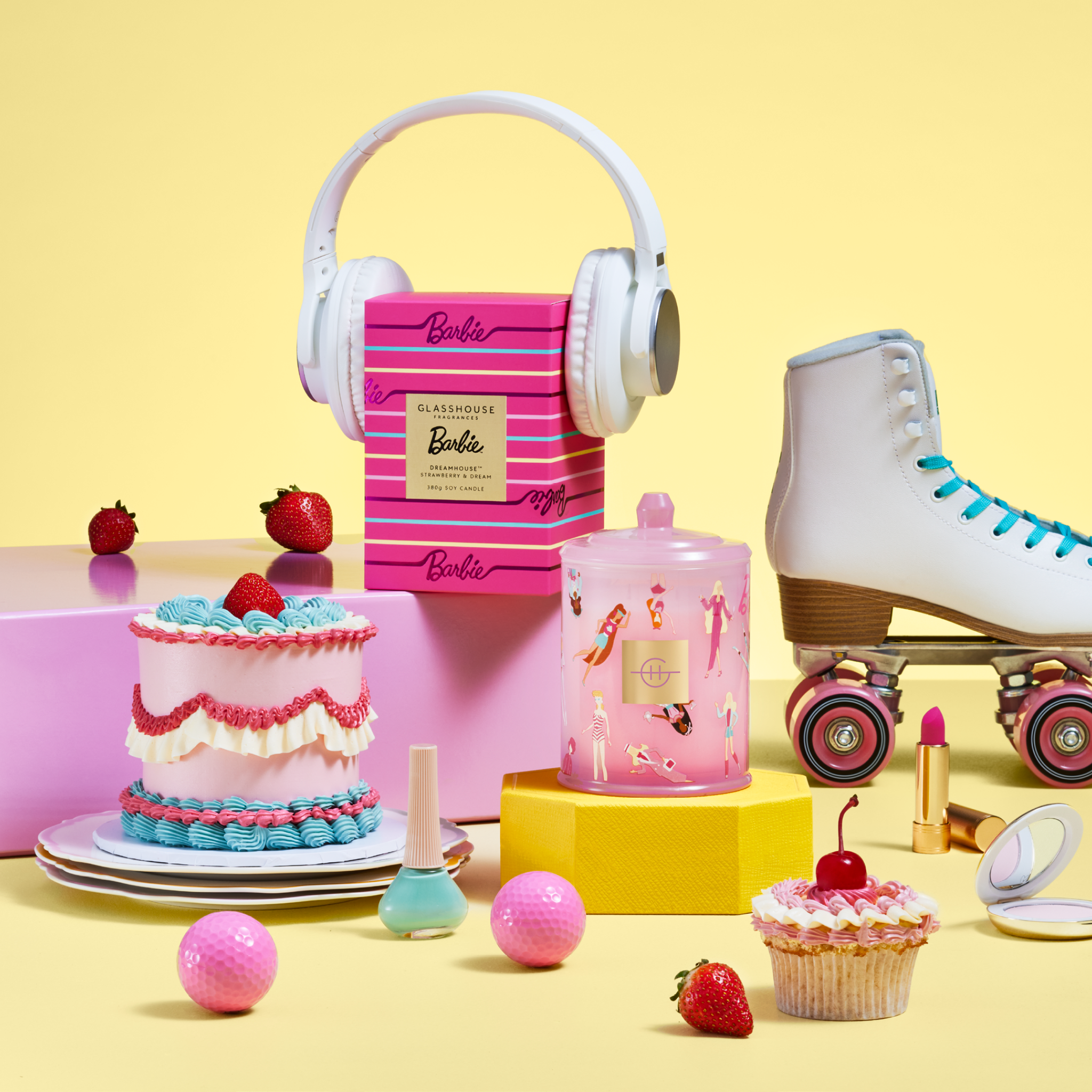 Glasshouse Fragrances Barbie™ Dreamhouse™ 380g candle, headphones, cake & roller skates
