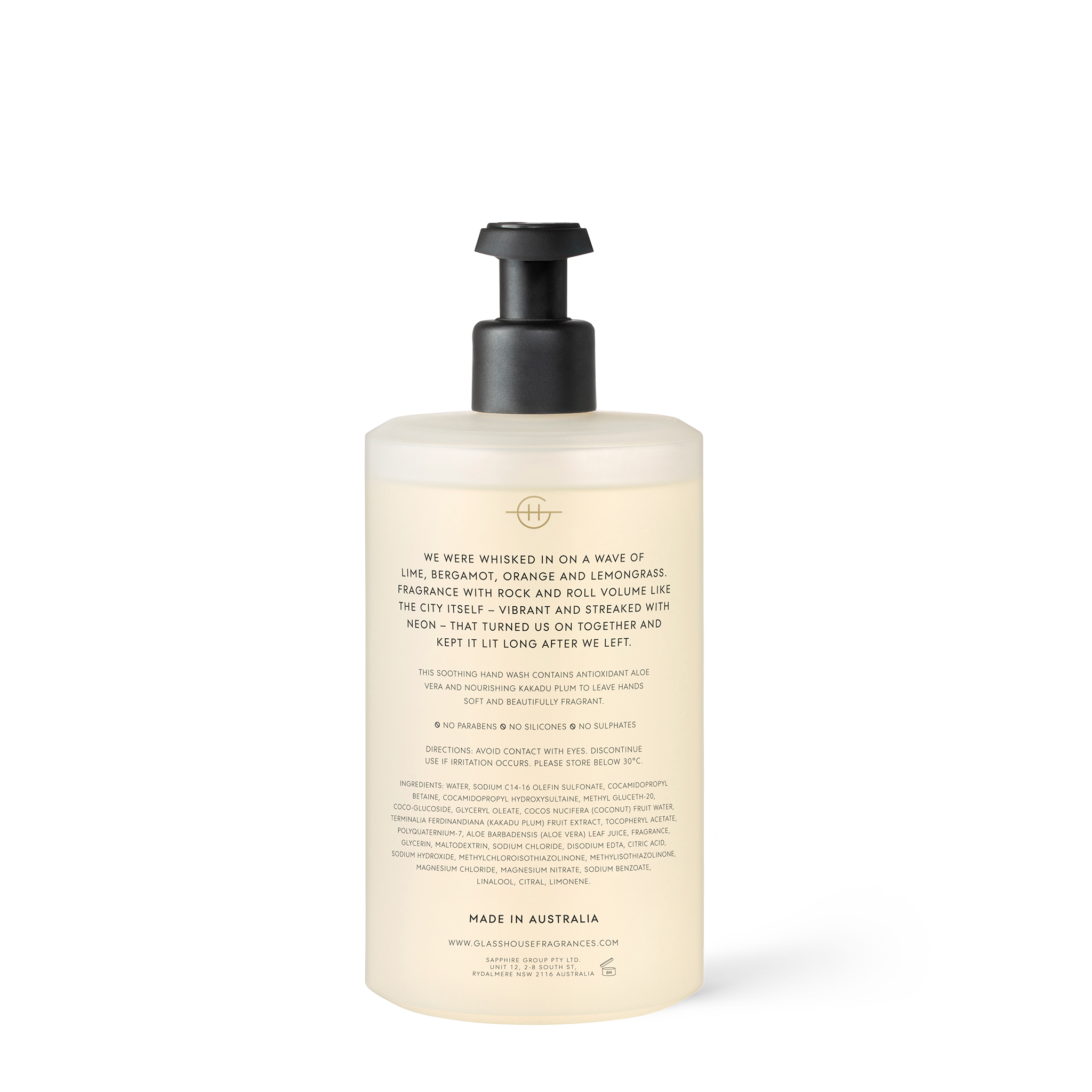 Glasshouse Fragrances We Met in Saigon Lemongrass 450mL Hand Wash in pump dispenser - back of product shot