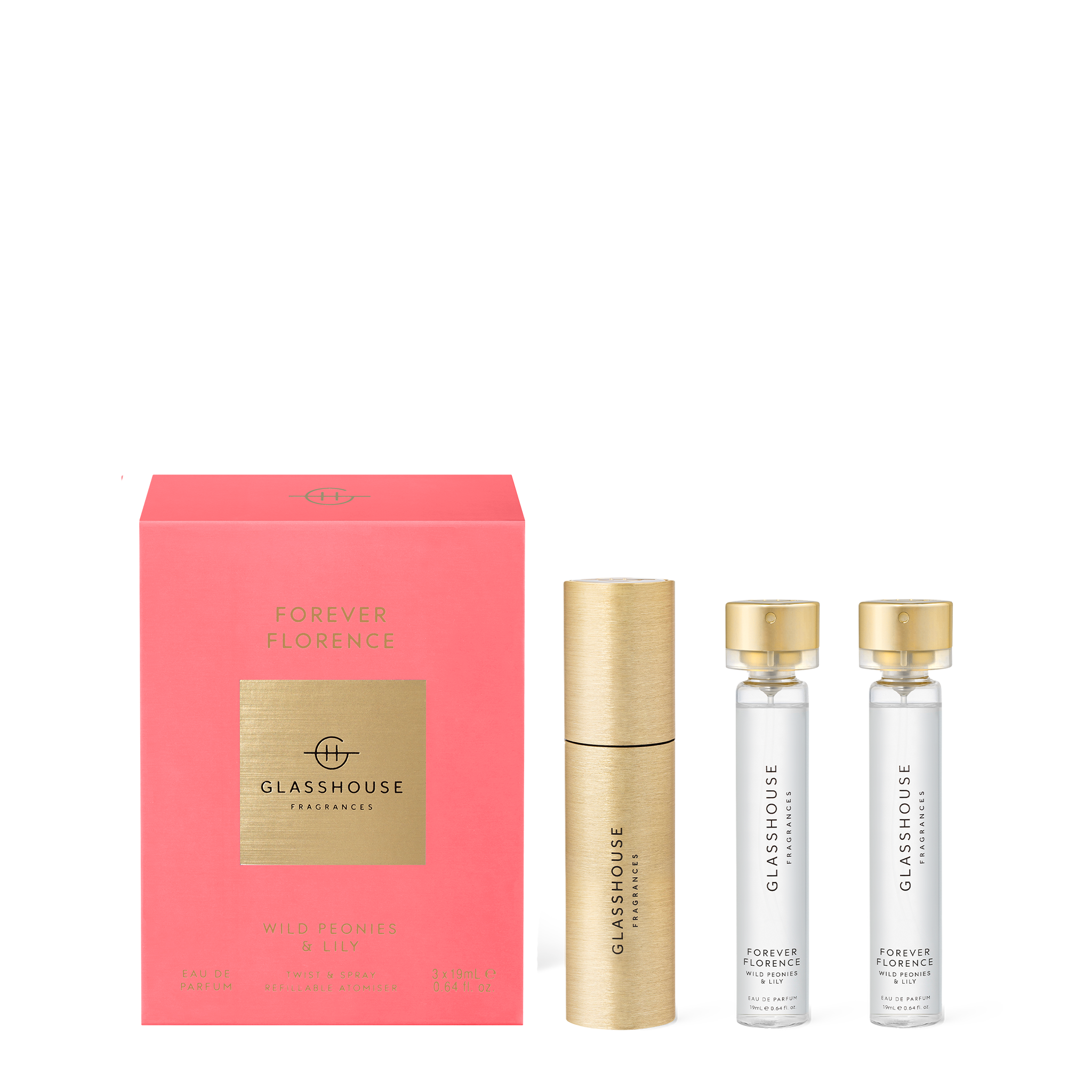 Glasshouse Fragrances Forever Florence Wild Peonies and Lily Twist and Spray Atomiser and refills with box