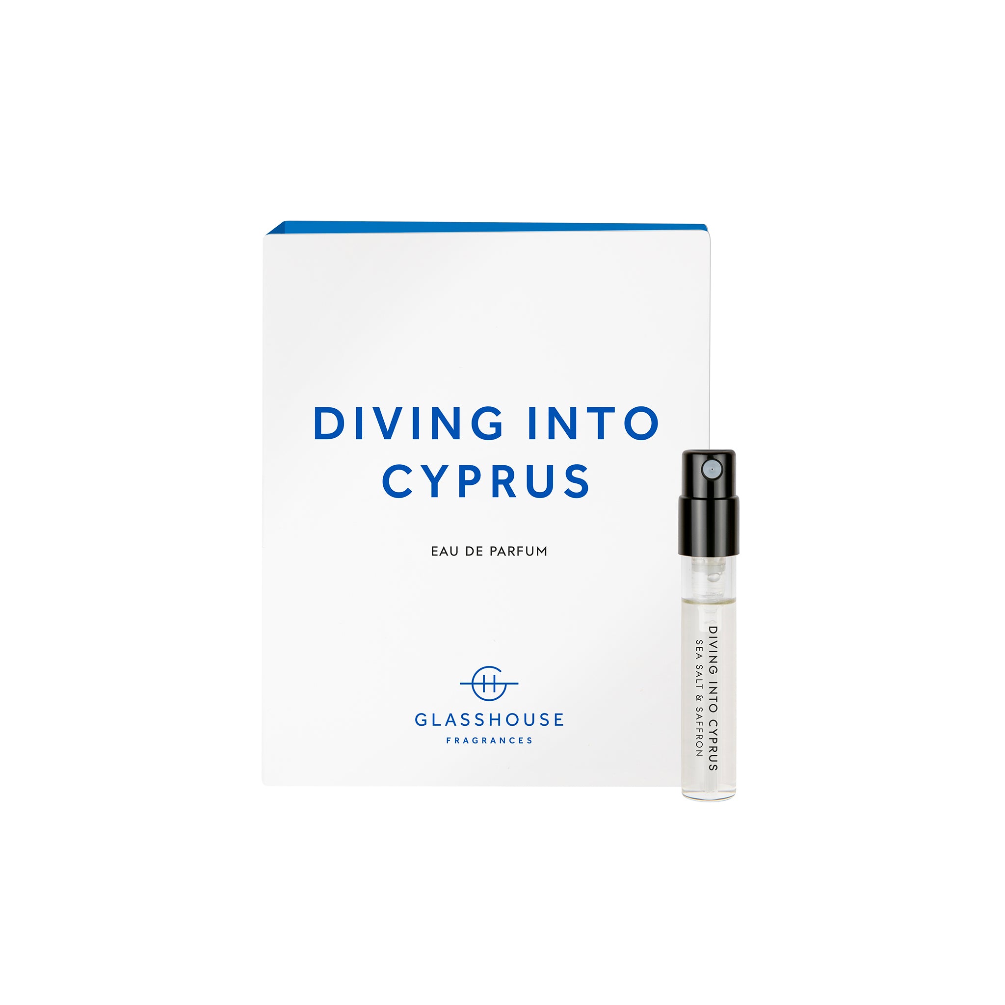 Glasshouse Fragrances Diving into Cyprus Sea Salt and Saffron 1.8g Sample Eau de Parfum spray and box