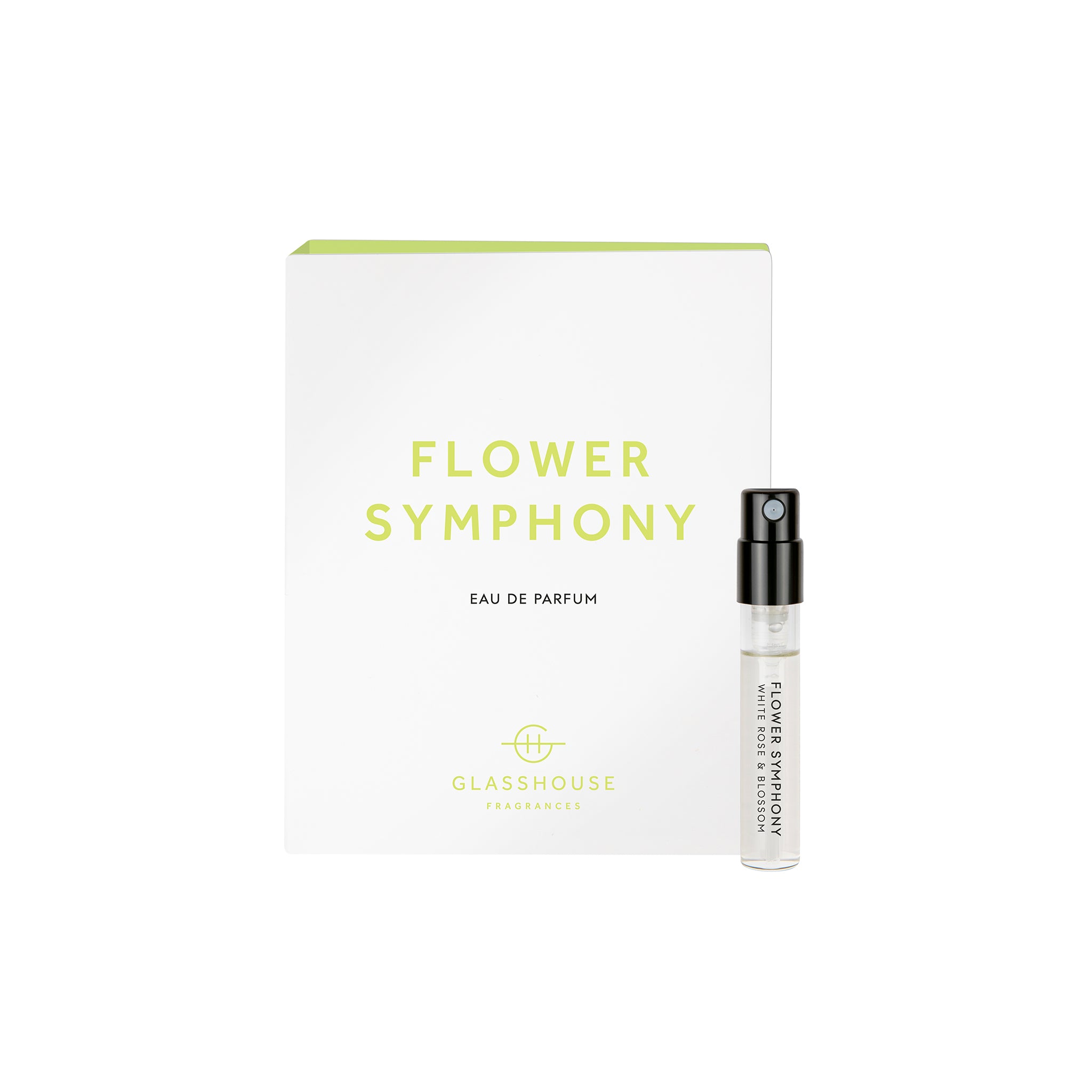 Glasshouse Fragrances Flower Symphony White Rose and Pear Blossom 1.8g Sample Eau de Parfum spray and box