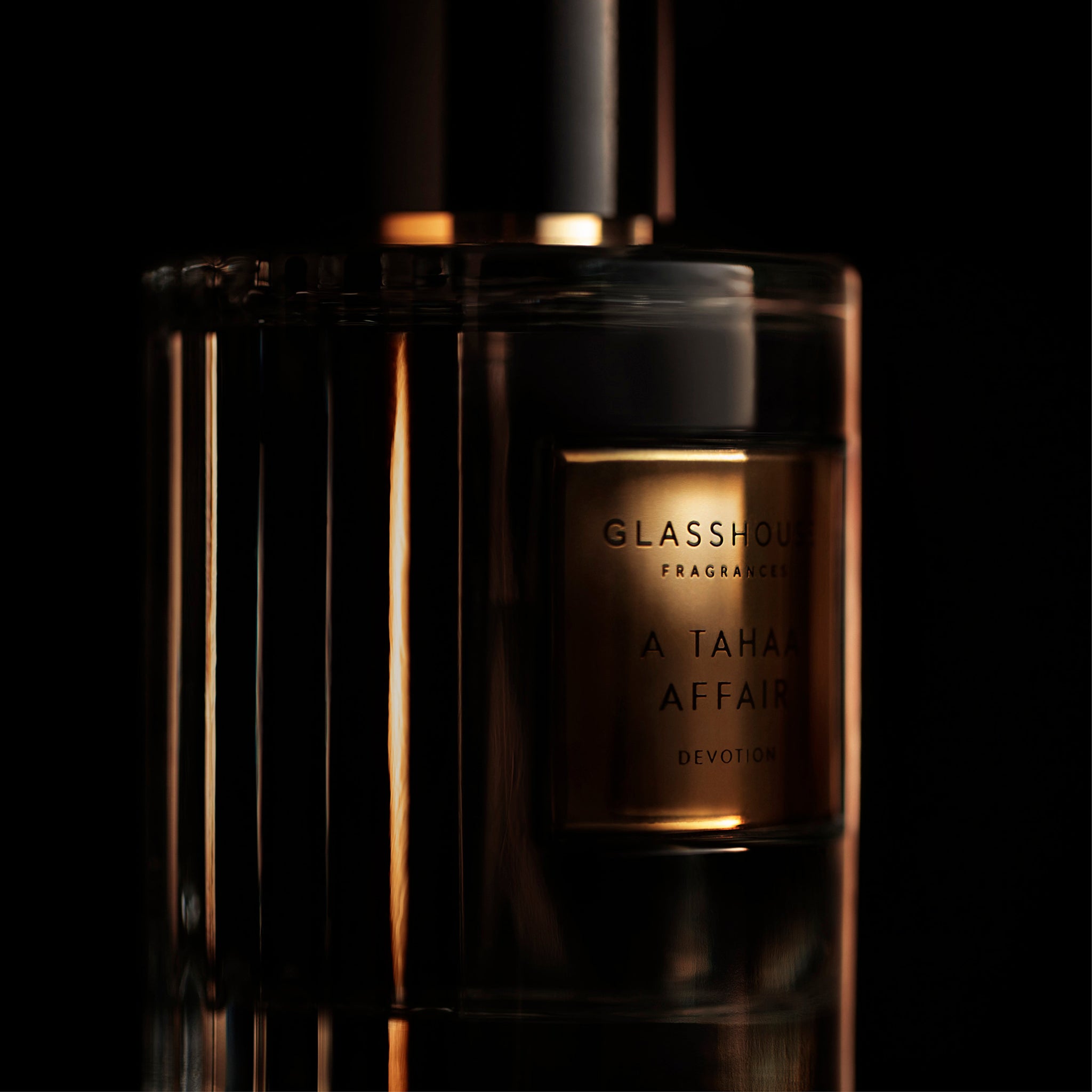 Glasshouse Fragrances A Tahaa Affair Vanilla Caramel 50mL Eau de Parfum Spray dark and moody close-up product shot