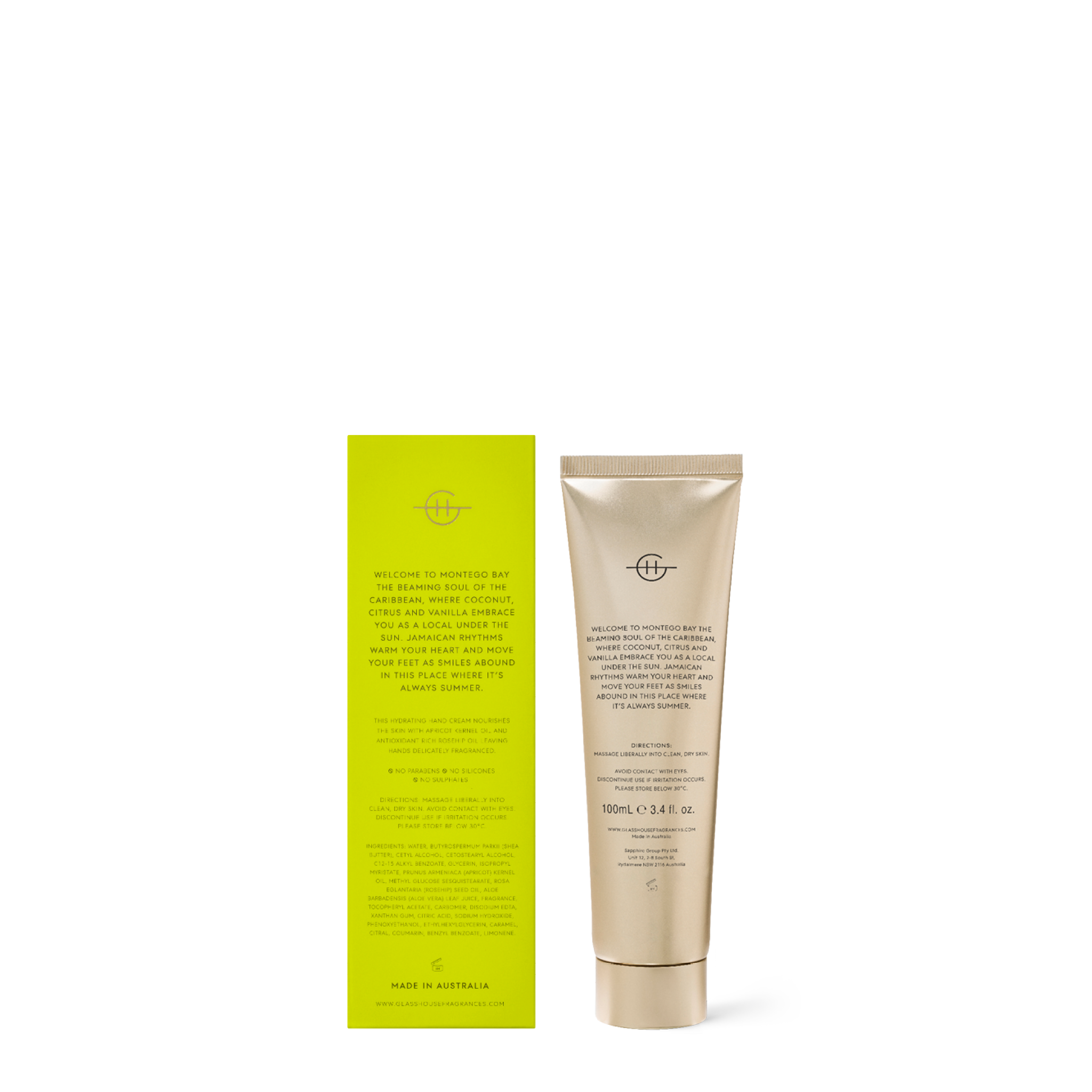 Glasshouse Fragrances Montego Bay Rhythm Coconut and Lime 100mL Hand Cream with box - back of product shot